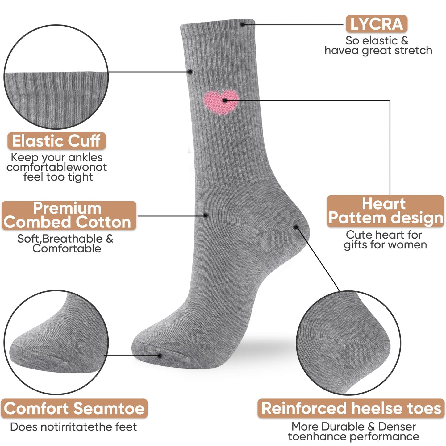 Corlap Women's Crew Calf Cotton Socks Long Fun Cute Heart Soft Dress Socks,Above Ankle High Casual Socks(5Pairs Gifts Box)
