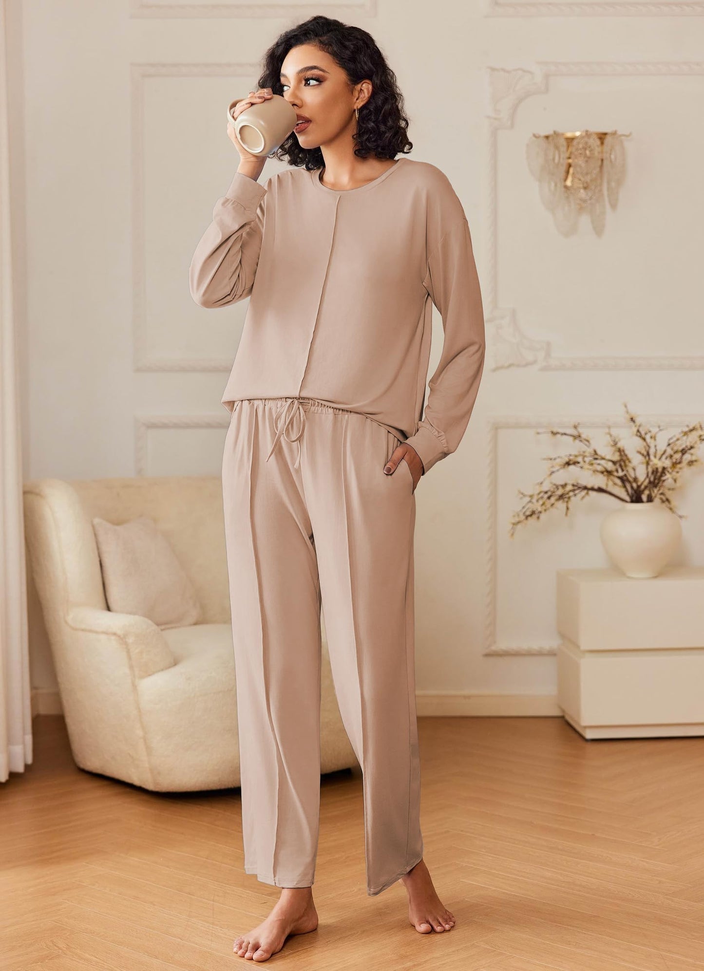 Ekouaer Pajama Sets for Women 2 Piece Lounge Sets Long Sleeve Sleepwear Top and Pants Cozy Pjs Loungewear with Pockets S-XXL