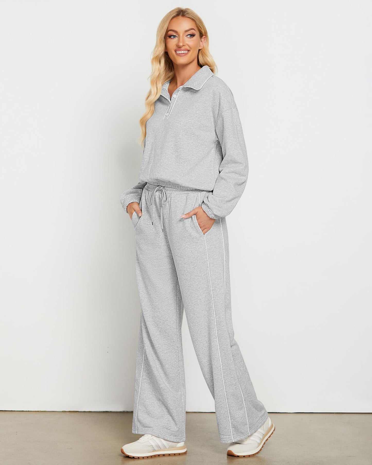 GRAPENT Sweatsuits Two Piece Sets for Women High Wasited Wide Leg Pants Fleece Button Pullover Sweatshirt Lounge Outfits