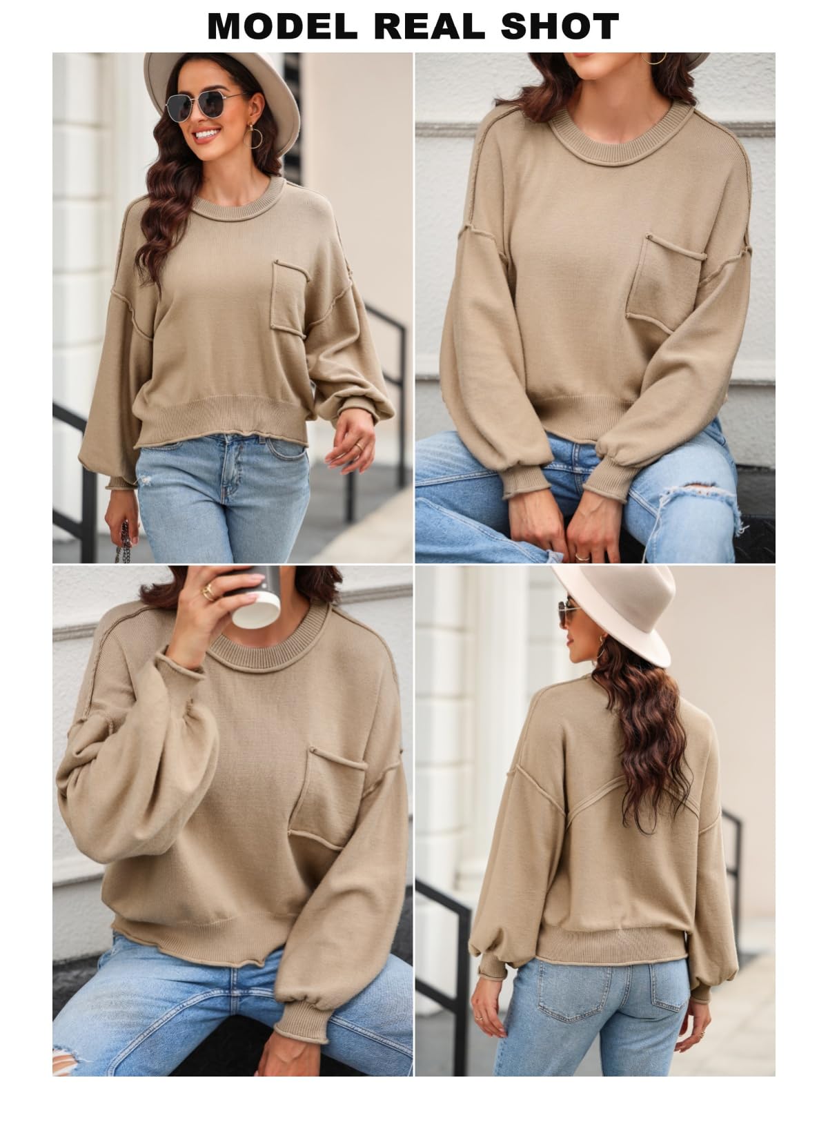 EVALESS Women's 2024 Lantern Long Sleeve Crewneck Sweater Casual Solid Color Ribbed Hem Knitwear Pullover Cropped Tops