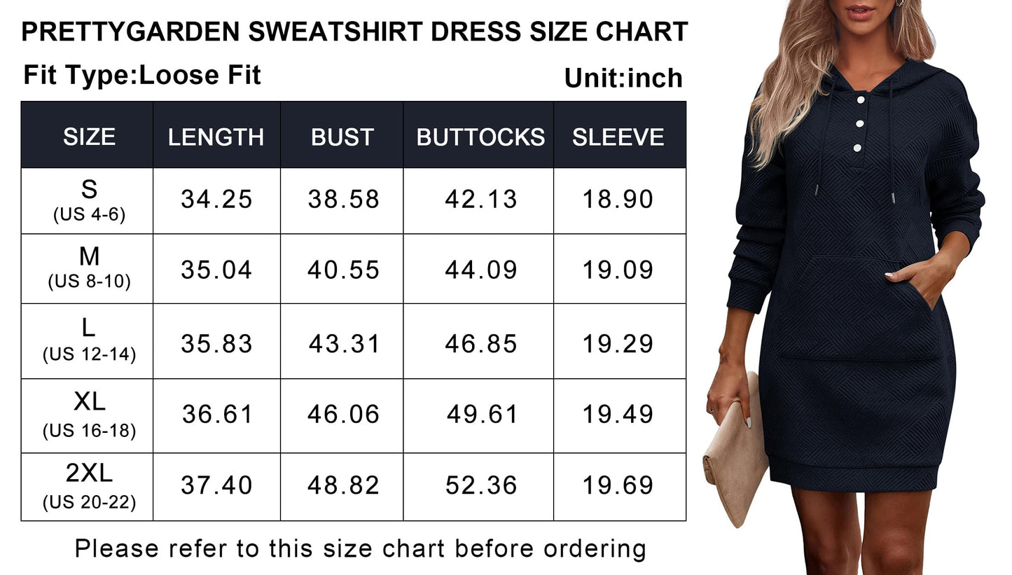 PRETTYGARDEN Long Sleeve Hoodies Dress 2024 Fall Trendy Texture Sweatshirts Outfits Button Hooded Dresses With Pockets