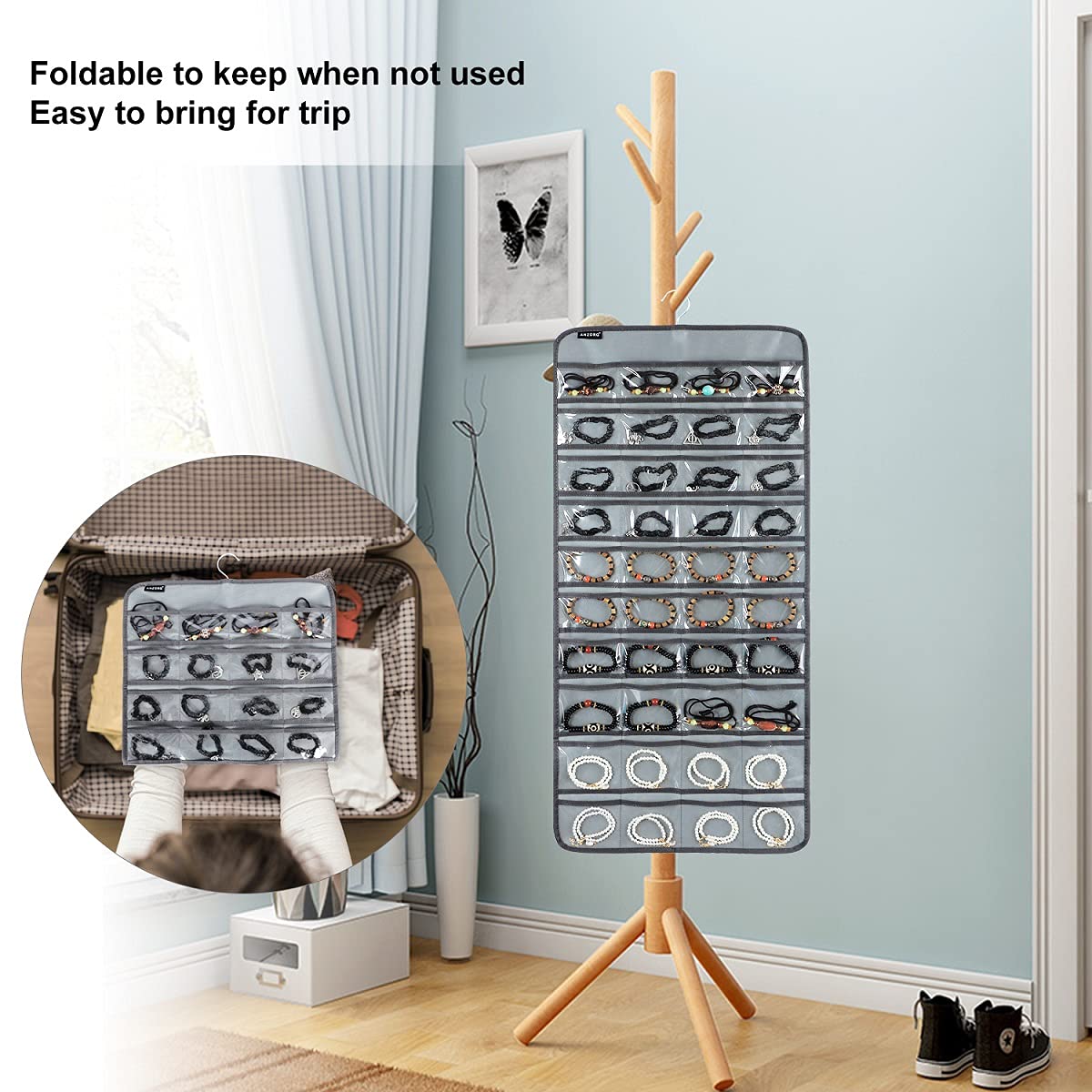 Dual-sided Hanging Jewelry Organizer with 40 Pockets and 20 Hook Loops Necklace Holder Jewelries Organizer for Earrings Bracelets Rings with 360 Degree Rotating Hanger (40 Pockets and 20 Hook Loops-Grey)