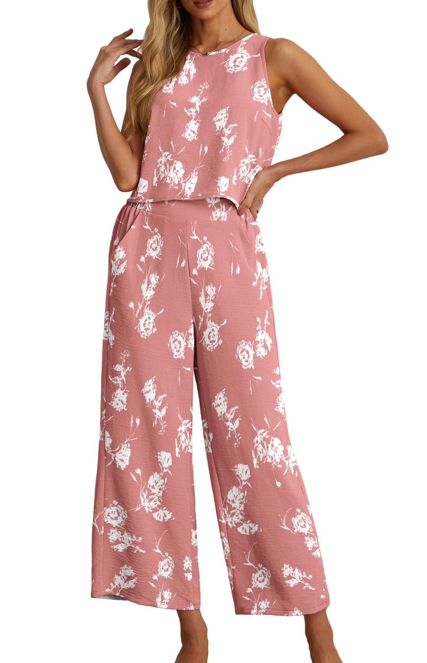 IWOLLENCE Women's Summer 2 Piece Outfits Set Round neck Sleeveless Tank Crop Top Wide Leg pants Set Pockets Jumpsuits