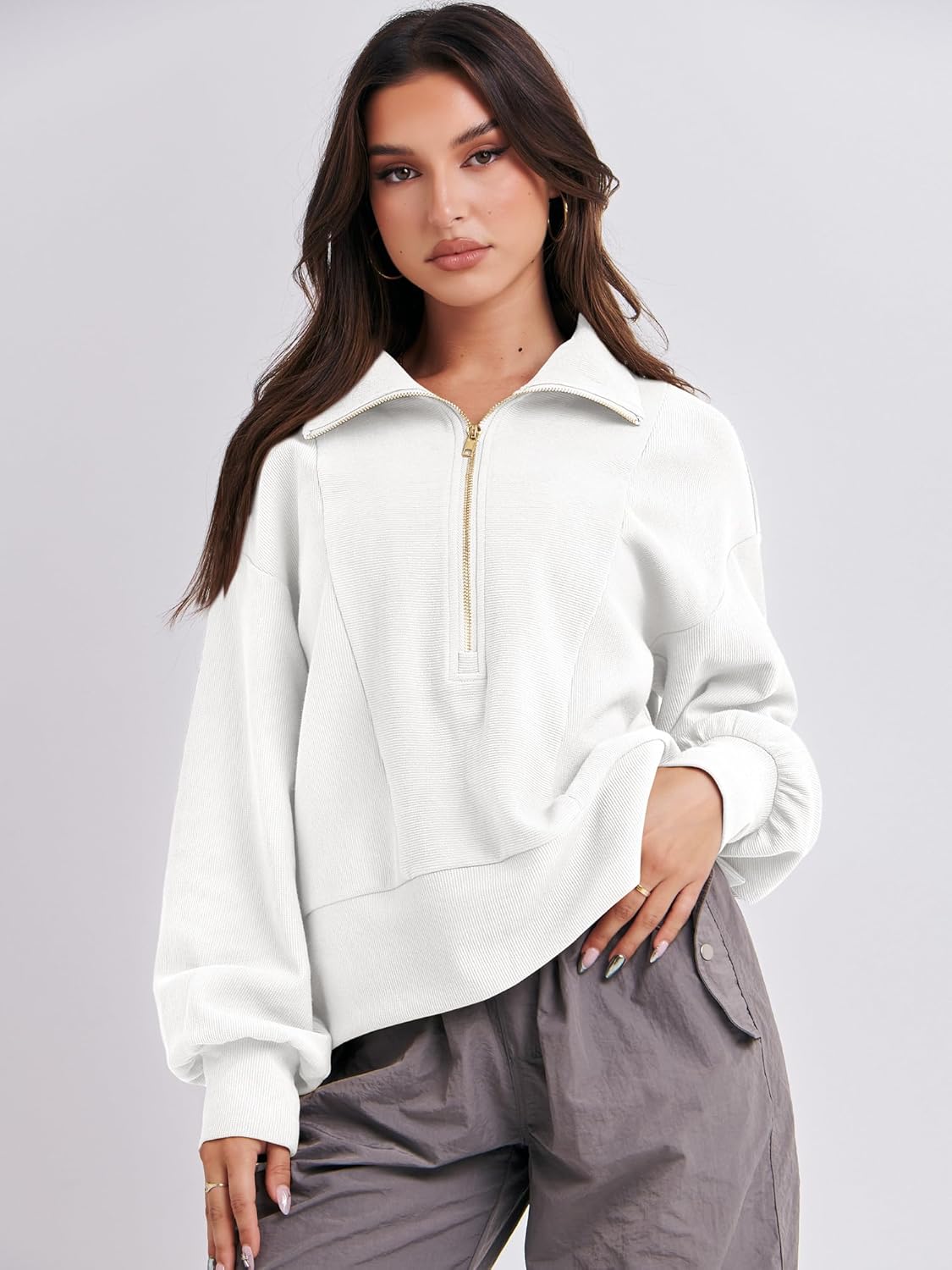 ANRABESS Women Half Zip Cropped Sweatshirt Casual Fleece Quarter Zip Hoodies Knit Pullover Top 2024 Fall Outfits Clothes White 1050baise-M