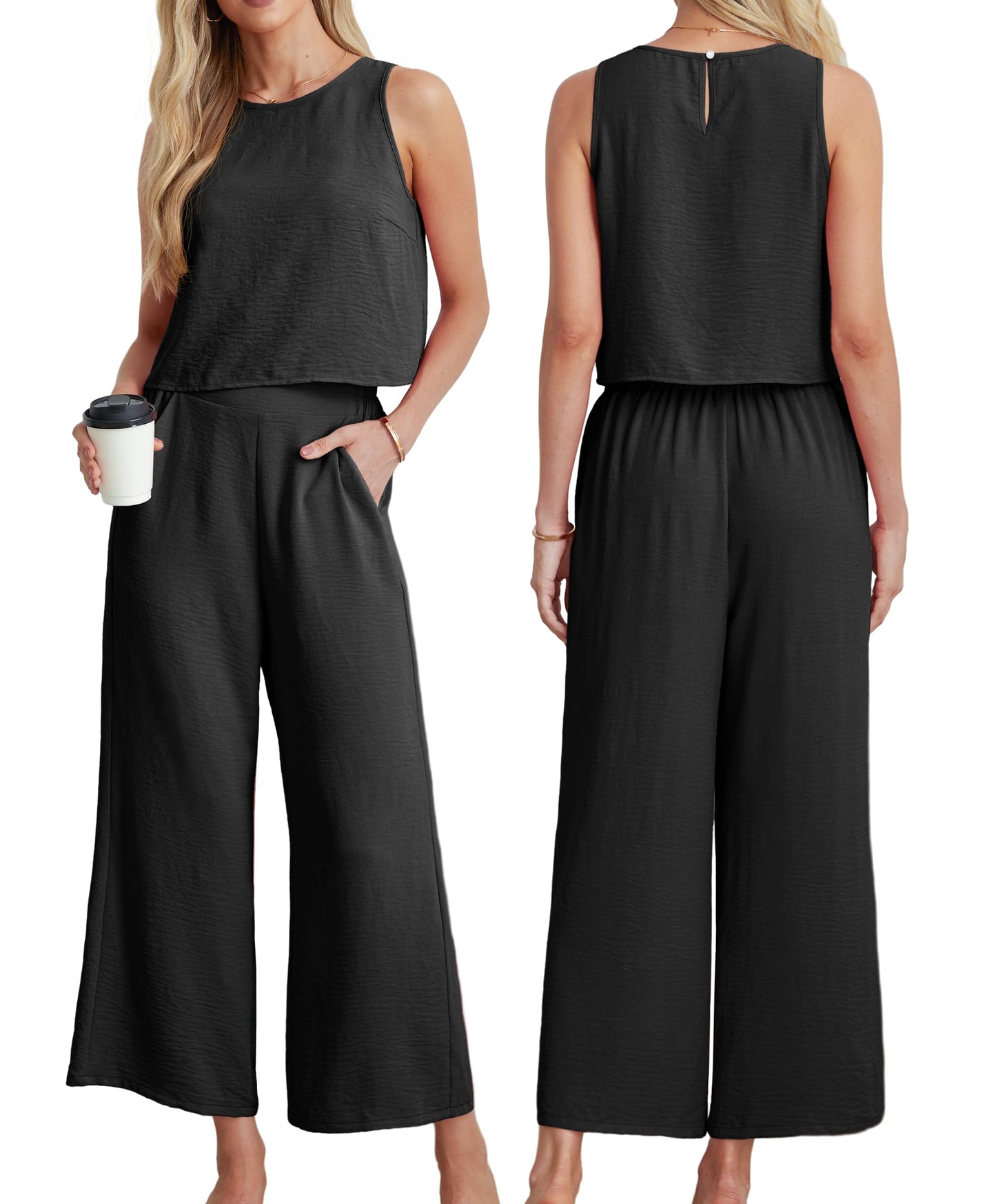 IWOLLENCE Women's Summer 2 Piece Outfits Set Round neck Sleeveless Tank Crop Top Wide Leg pants Set Pockets Jumpsuits