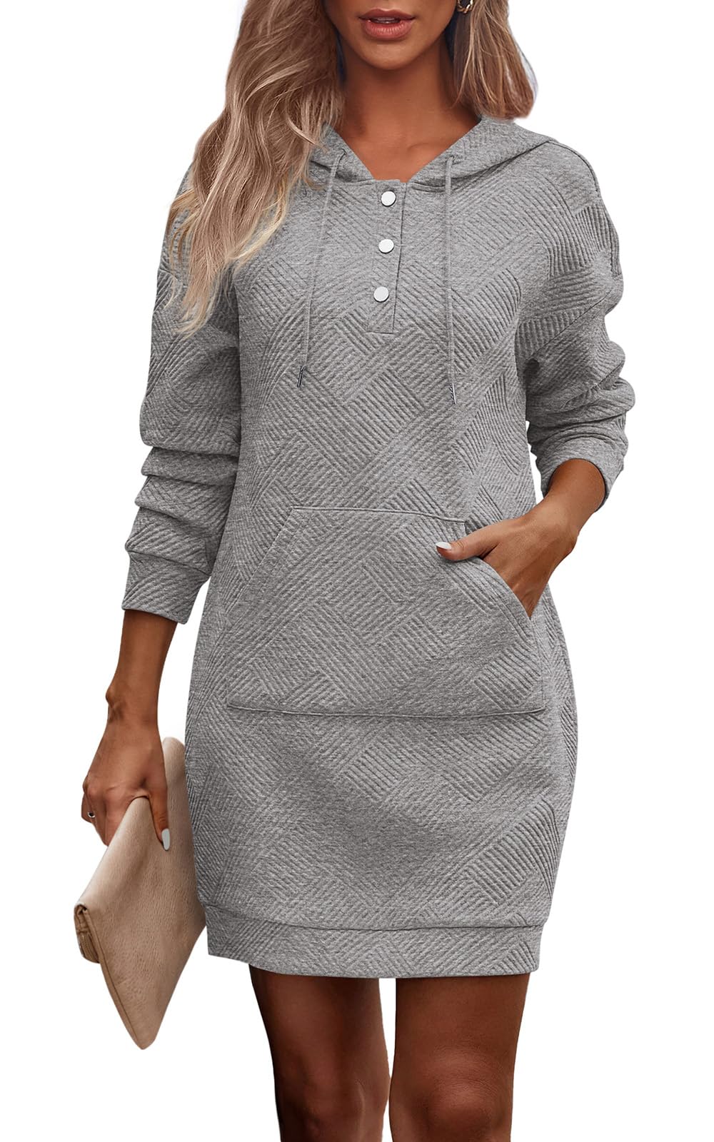 PRETTYGARDEN Long Sleeve Hoodies Dress 2024 Fall Trendy Texture Sweatshirts Outfits Button Hooded Dresses With Pockets