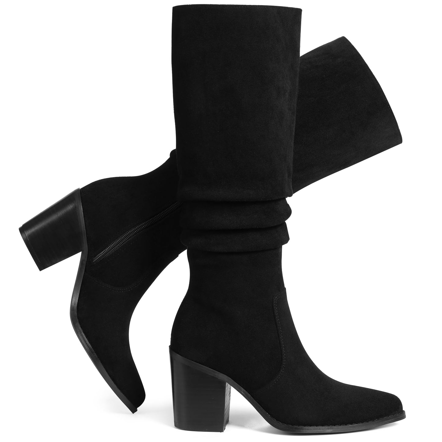 VOMIRA Knee High Boots Women Suede Boots Pointy Toe Chunky Block Heels Side Zipper Wide Calf Boots Fashion Dress Tall Boots Fall Winter Long Boots