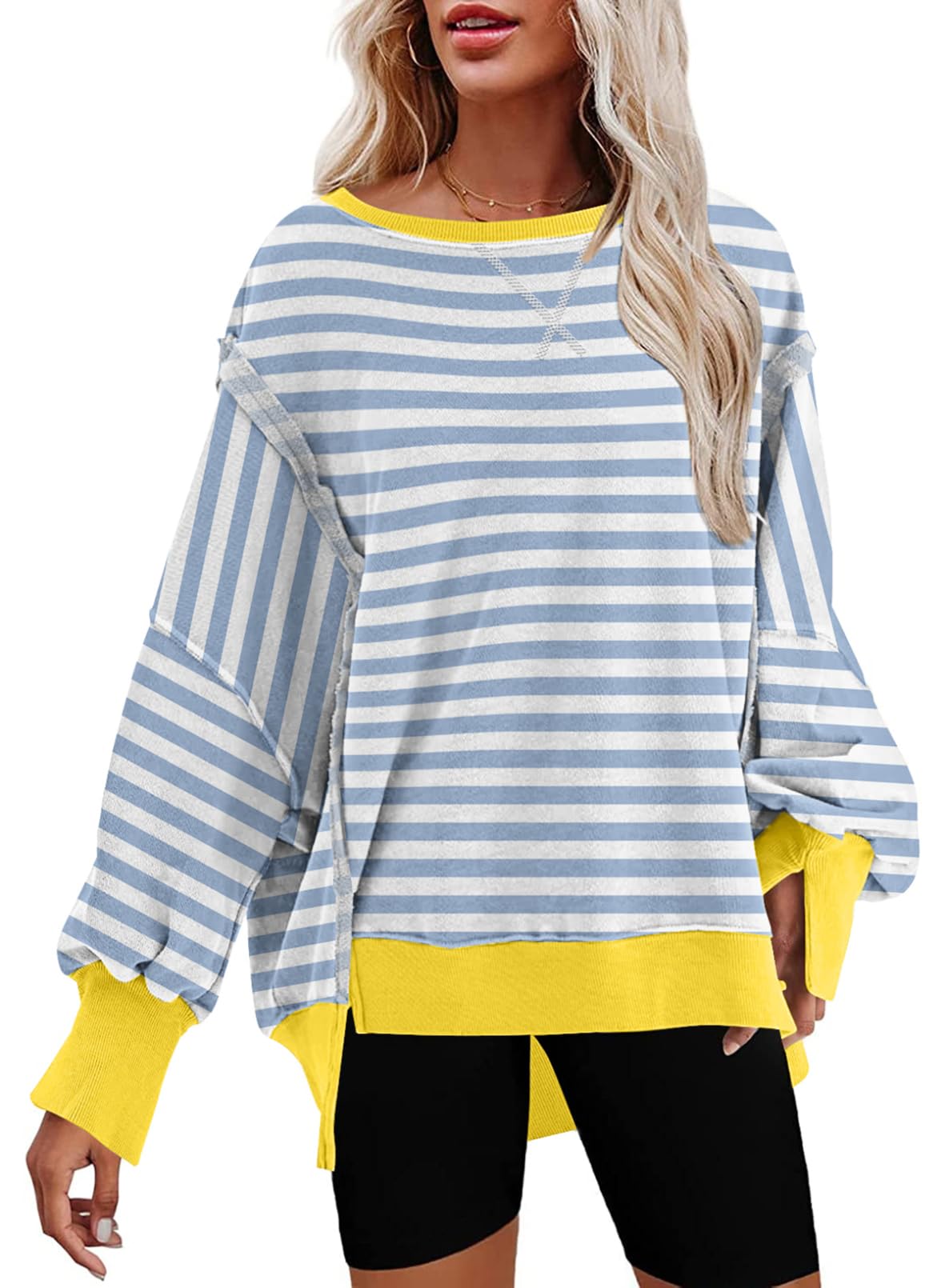 SHEWIN Womens Oversized Reverse Seam Sweatshirt Casual Long Sleeve Crewneck Lightweight Pullover Tops Loose Sweatshirts