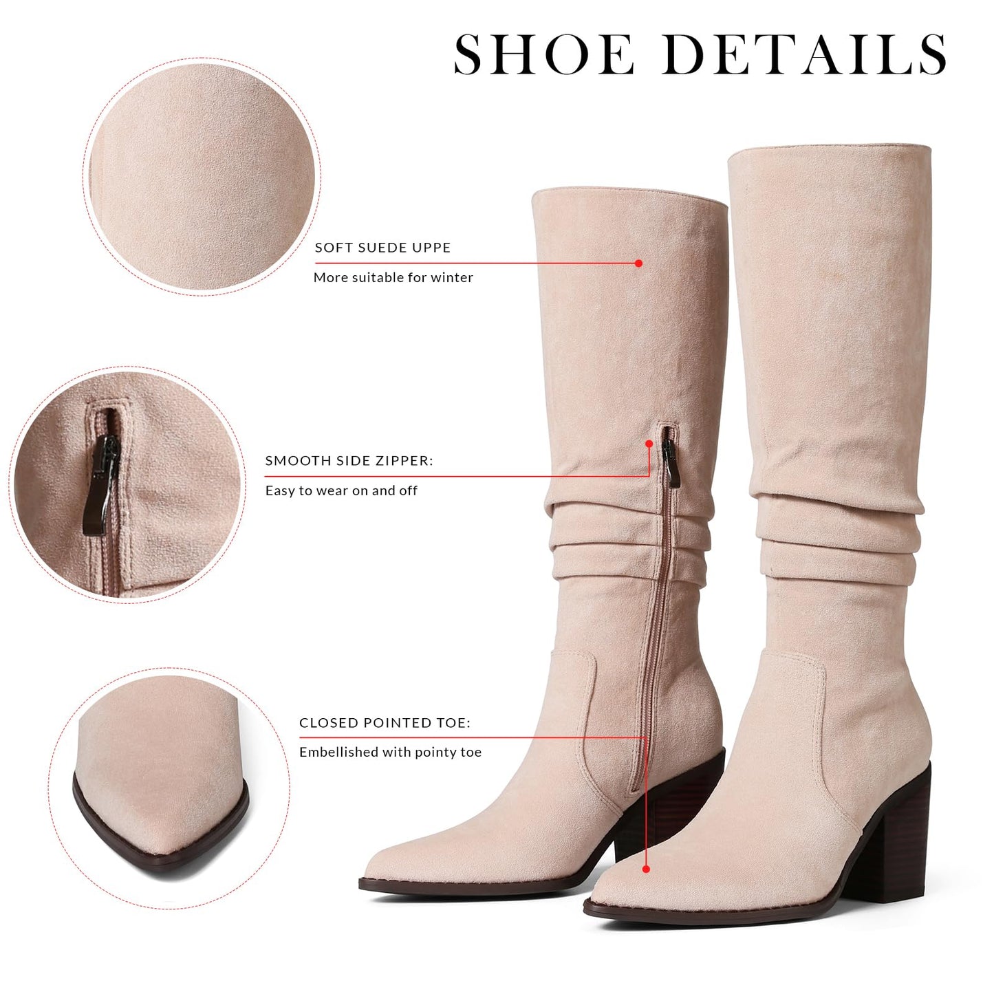 VOMIRA Knee High Boots Women Suede Boots Pointy Toe Chunky Block Heels Side Zipper Wide Calf Boots Fashion Dress Tall Boots Fall Winter Long Boots