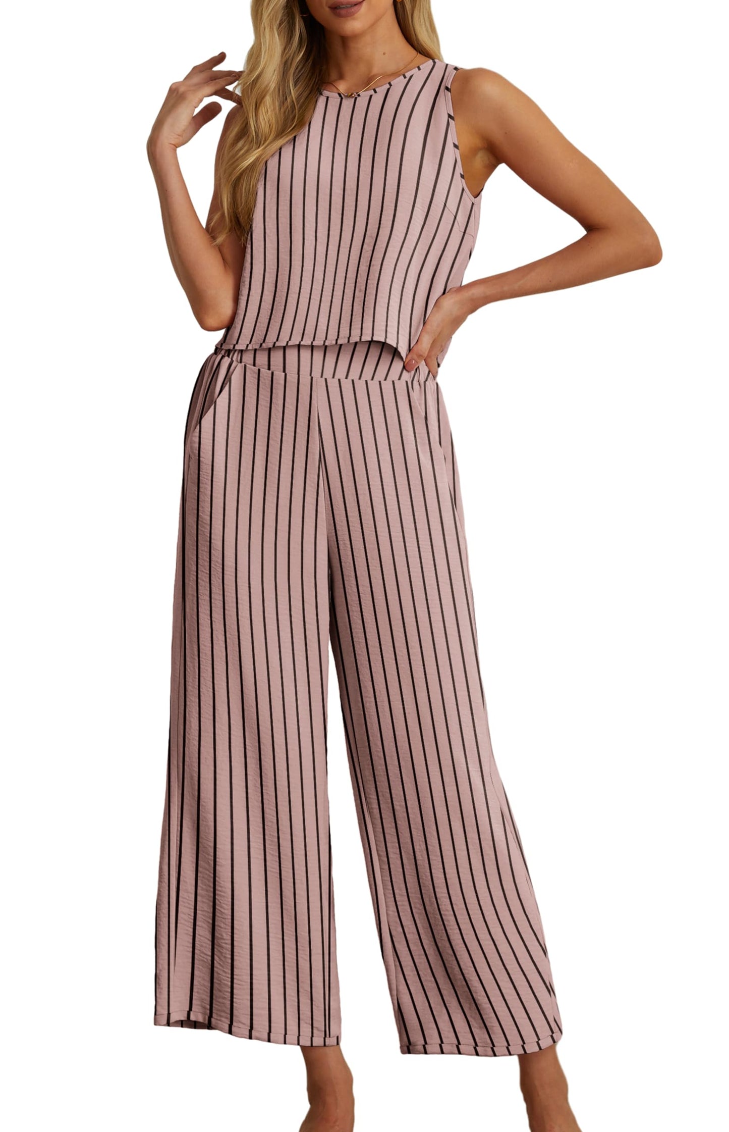 IWOLLENCE Women's Summer 2 Piece Outfits Set Round neck Sleeveless Tank Crop Top Wide Leg pants Set Pockets Jumpsuits