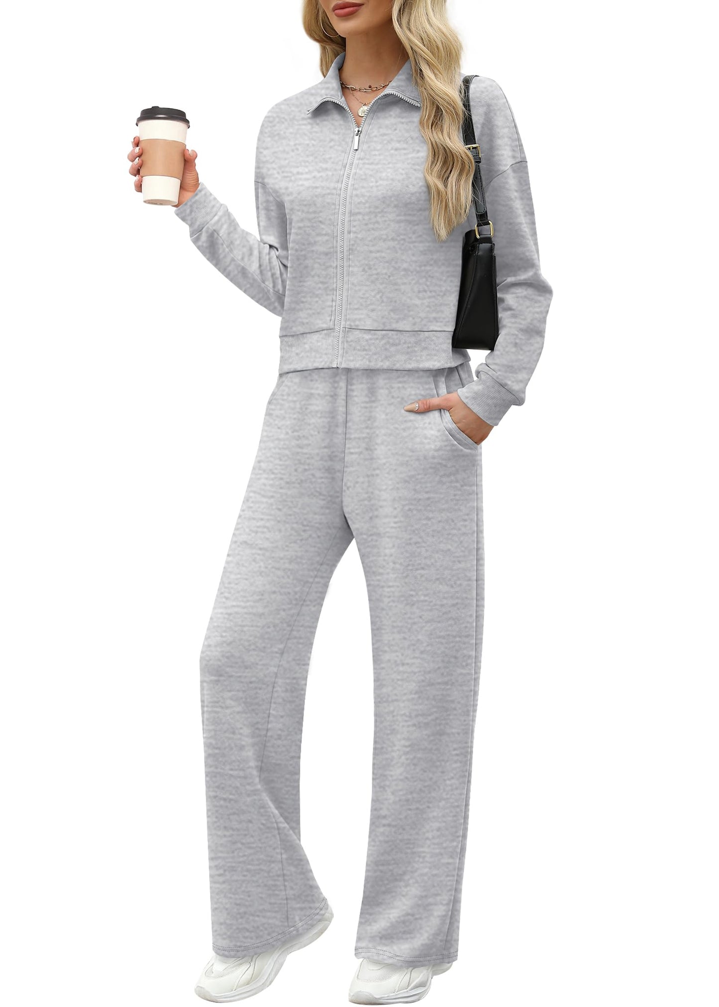 XIEERDUO Lounge Sets for Women 2024 Sweatsuit 2 Piece Outfits Sweatshirt Wide Leg Sweatpant Tracksuit Matching Set