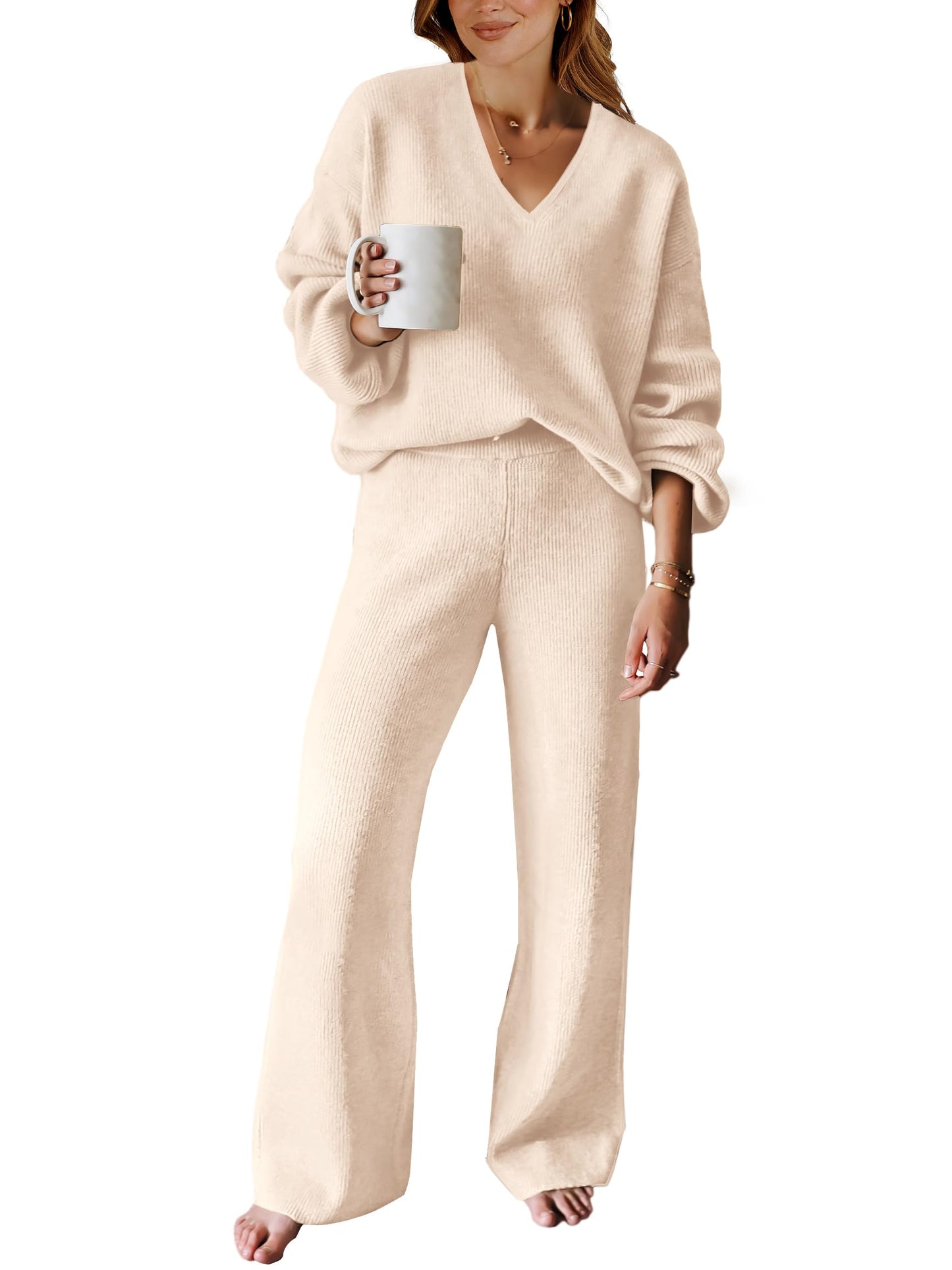 ANRABESS Women 2 Piece Outfits Sweater Lounge Sets Long Sleeve Cable Knit Pullover and Wide Leg Pants Tracksuit Matching Set