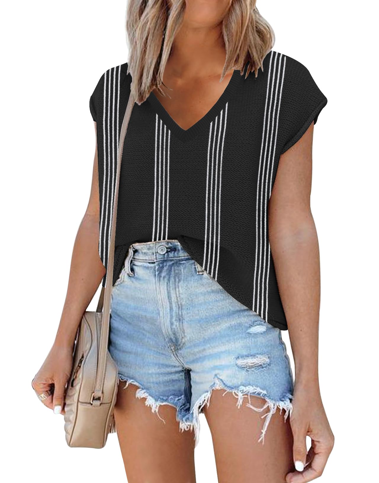 SAUKOLE Women's Sleeveless Sweater Vest Casual V Neck Cap Sleeve Knit Pullover Tank Tops 2024 Spring Clothes