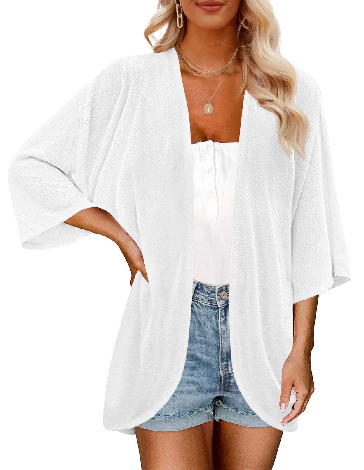 MEROKEETY Women's Lightweight Cardigan Kimono Short Sleeve Open Front Casual Loose Beach Cover Ups