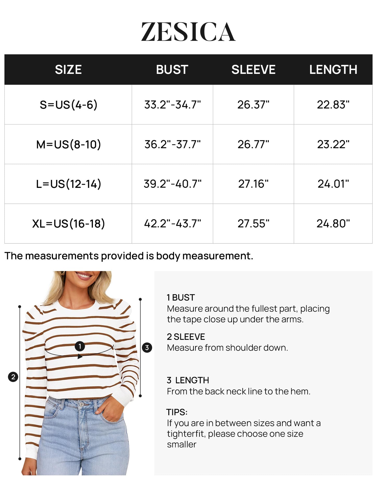 ZESICA Women's Striped Puff Long Sleeve Tops Fall Crewneck Ribbed Knit Casual Pullover Sweaters