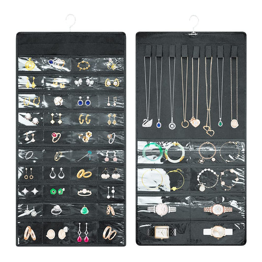 Hanging Jewelry Organizer， Double Side Large Jewelry Holder Necklace Hanger with 48 Pockets and 8 Hook & Loops Closet Necklace Holder for Earrings, Rings on Closet, Wall -1 Pack