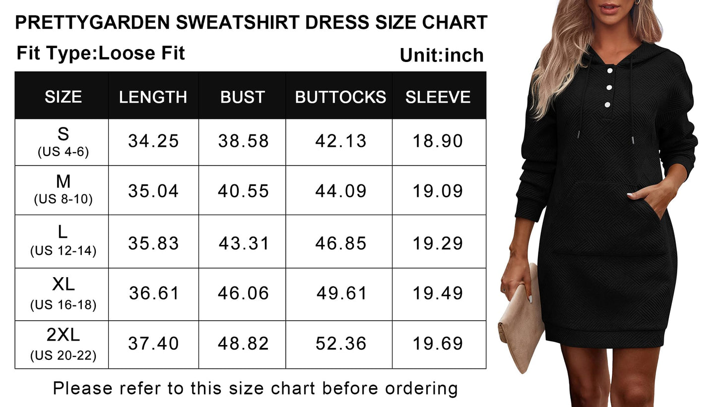 PRETTYGARDEN Long Sleeve Hoodies Dress 2024 Fall Trendy Texture Sweatshirts Outfits Button Hooded Dresses With Pockets