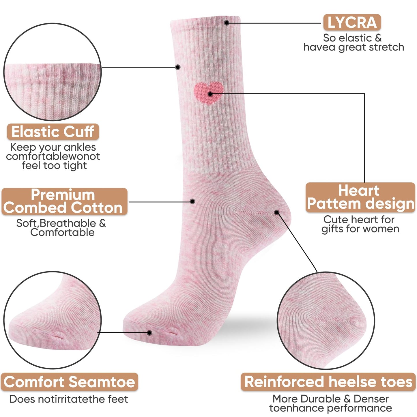 Corlap Women's Crew Calf Cotton Socks Long Fun Cute Heart Soft Dress Socks,Above Ankle High Casual Socks(5Pairs Gifts Box)