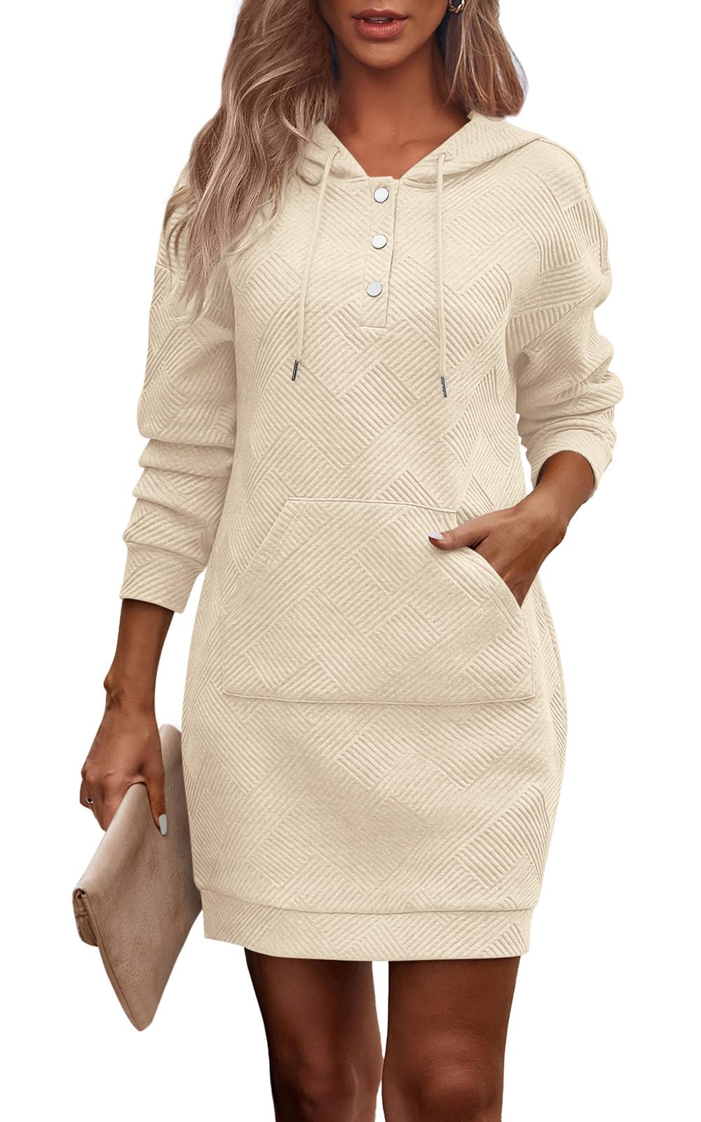 PRETTYGARDEN Long Sleeve Hoodies Dress 2024 Fall Trendy Texture Sweatshirts Outfits Button Hooded Dresses With Pockets