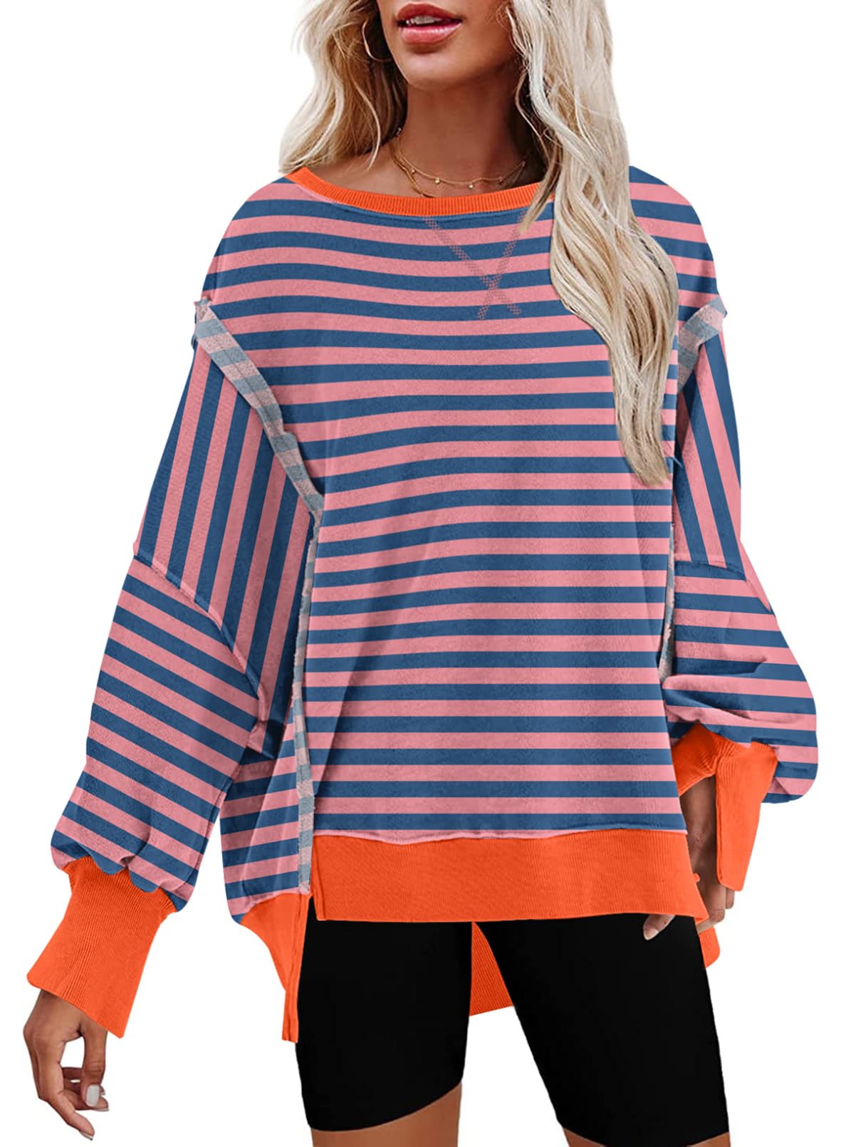 SHEWIN Womens Oversized Reverse Seam Sweatshirt Casual Long Sleeve Crewneck Lightweight Pullover Tops Loose Sweatshirts
