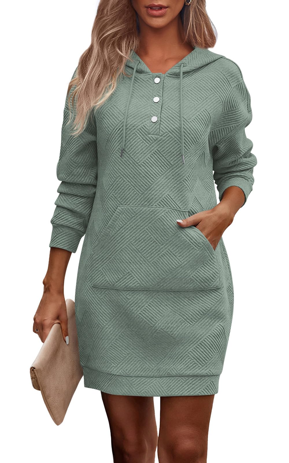 PRETTYGARDEN Long Sleeve Hoodies Dress 2024 Fall Trendy Texture Sweatshirts Outfits Button Hooded Dresses With Pockets