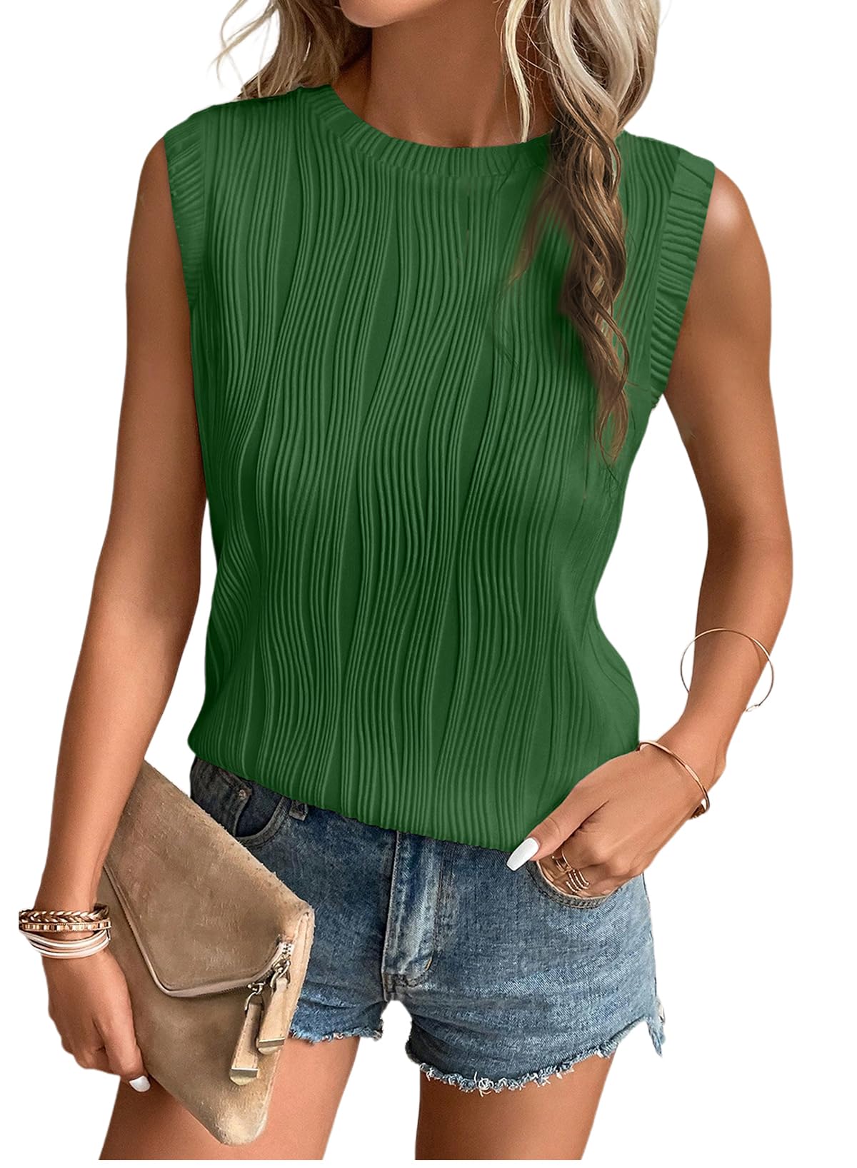 EVALESS Womens Summer Tank Tops Crewneck Sleeveless Wavy Textured Basic Top T Shirts Tee Blouses