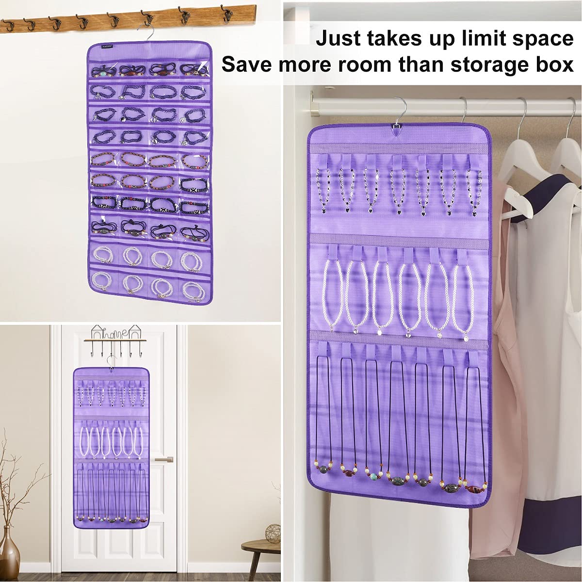 Dual-sided Hanging Jewelry Organizer with 40 Pockets and 20 Hook Loops Necklace Holder Jewelries Organizer for Earrings Bracelets Rings with 360 Degree Rotating Hanger (40 Pockets and 20 Hook Loops-Grey)