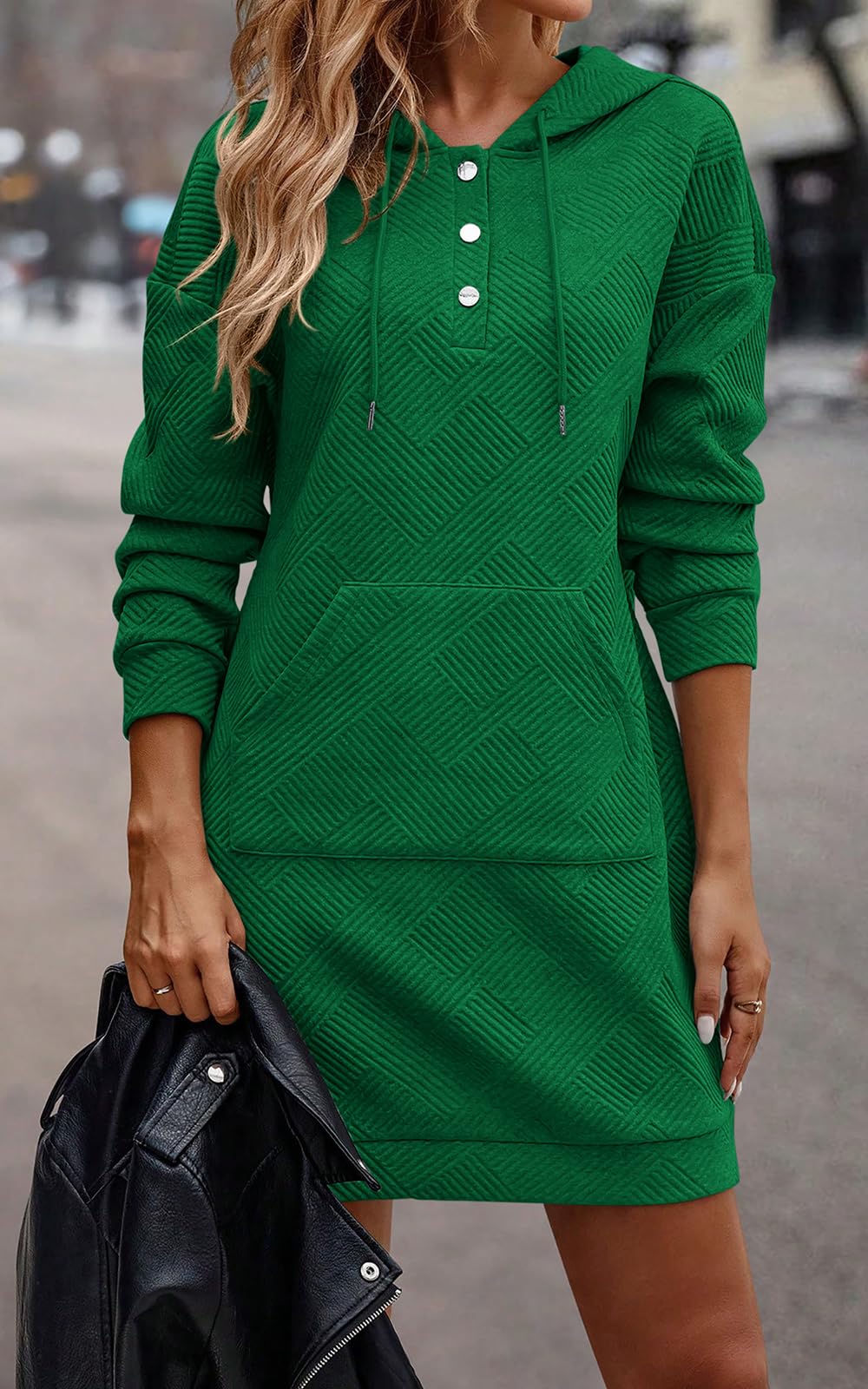 PRETTYGARDEN Long Sleeve Hoodies Dress 2024 Fall Trendy Texture Sweatshirts Outfits Button Hooded Dresses With Pockets