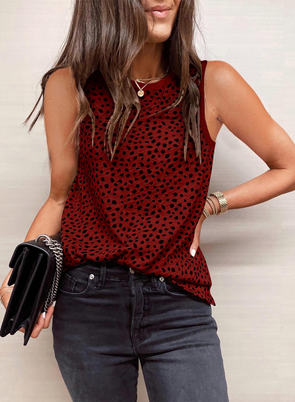 EVALESS Tank Top for Women Fashion Crewneck Sleeveless Clothing Trendy Polka Dots Tops Shirts Loose Fit Basic Tee Tshirts