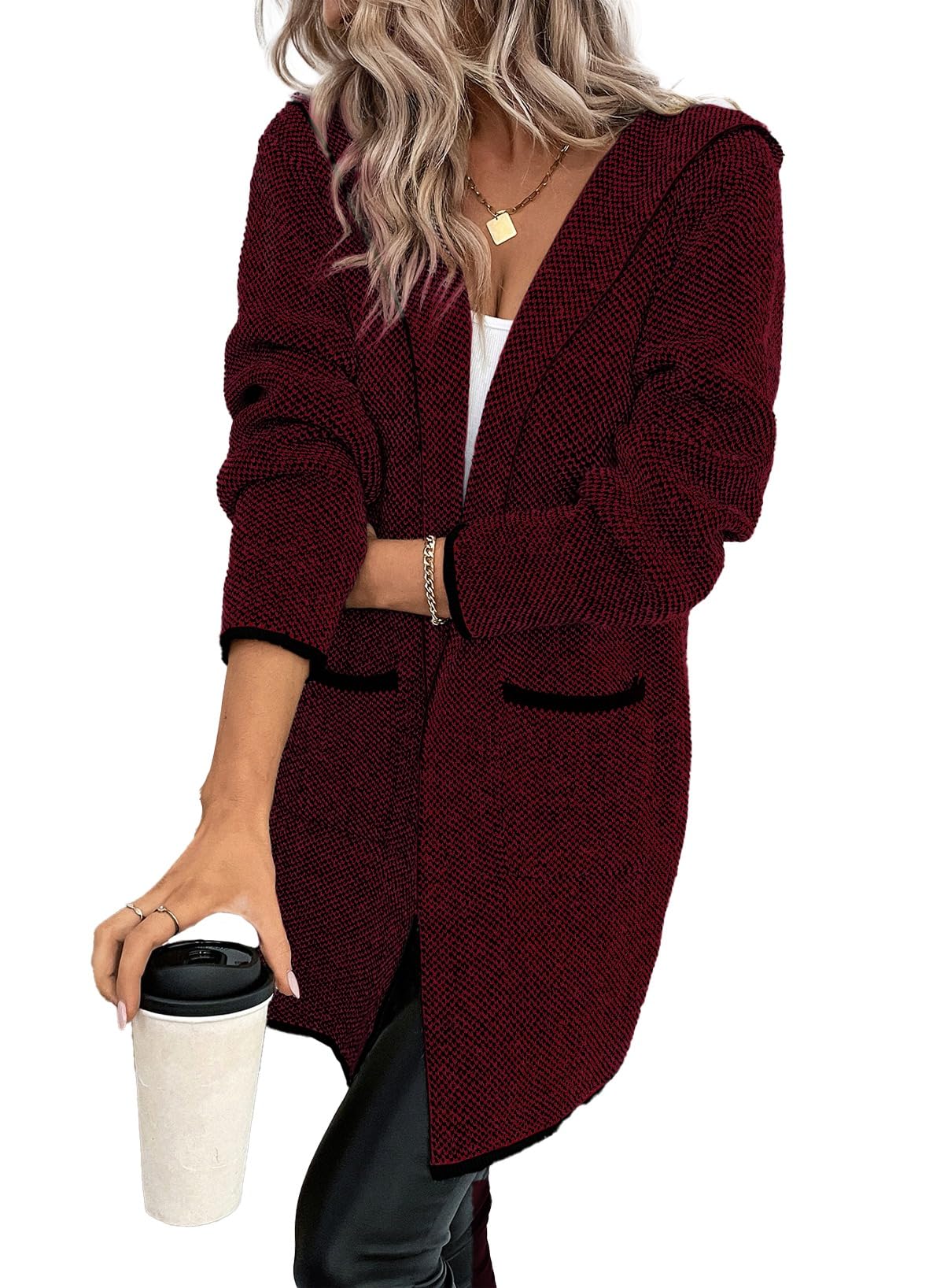 Sidefeel Women's 2024 Fall Long Sleeve Open Front Contrast Cardigan Sweaters Oversized Chunky Knit Hooded Sweaters Coat