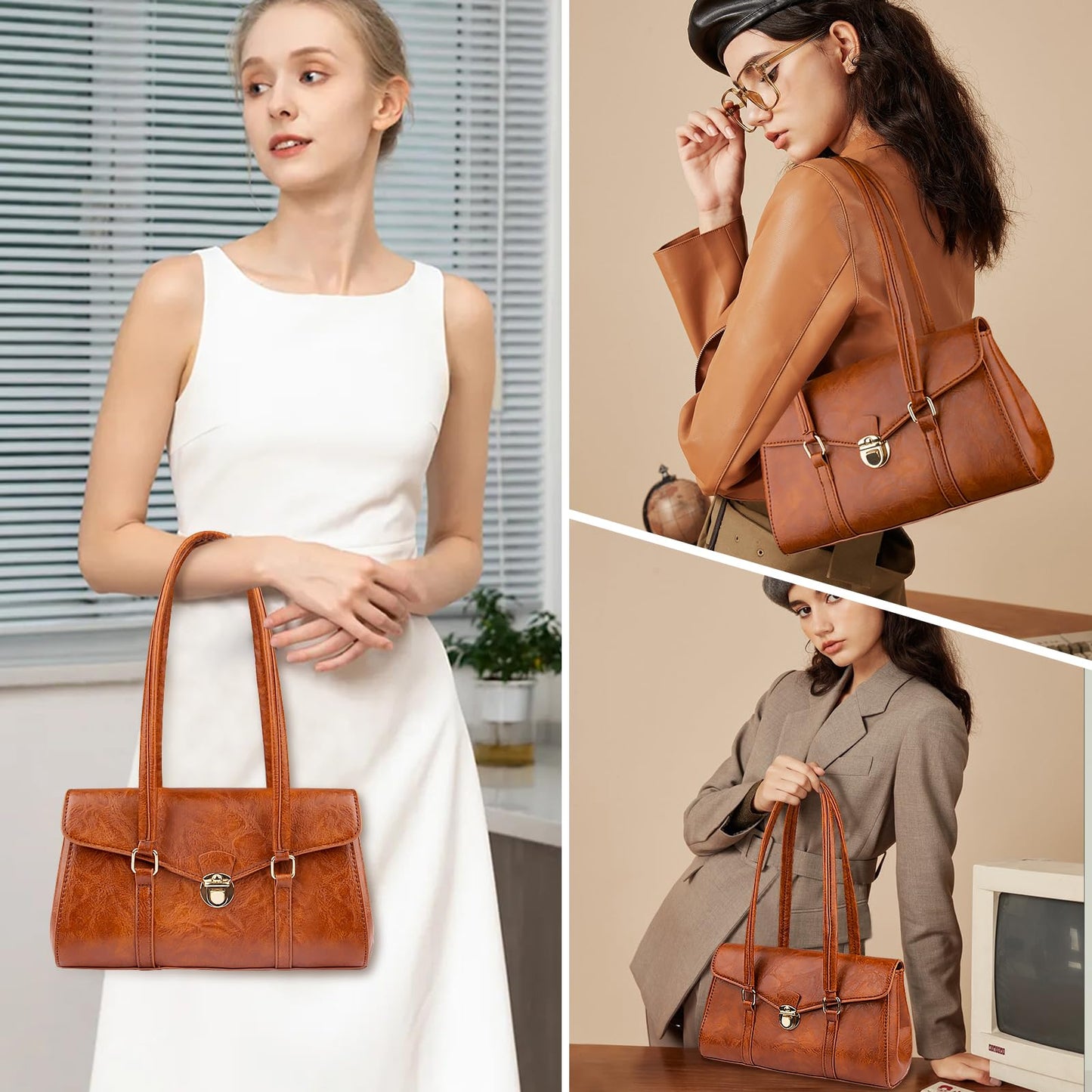 Shoulder Bag for Women, Cute PU Leather Small Purse Handbags, Retro Classic Tote Purses for Women with Removable Strap
