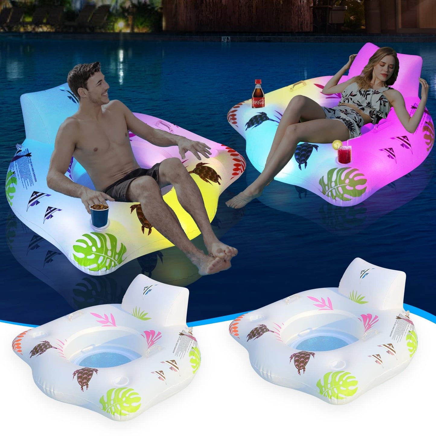 Inflatable Pool Floats Chair with Color Changing Light, Solar Powered Water Floats for Adults with 2 Cup Holders & 2 Armrests, Beach Float Pool Sofa, Pool Raft Lounge Pool Floaties for Adult