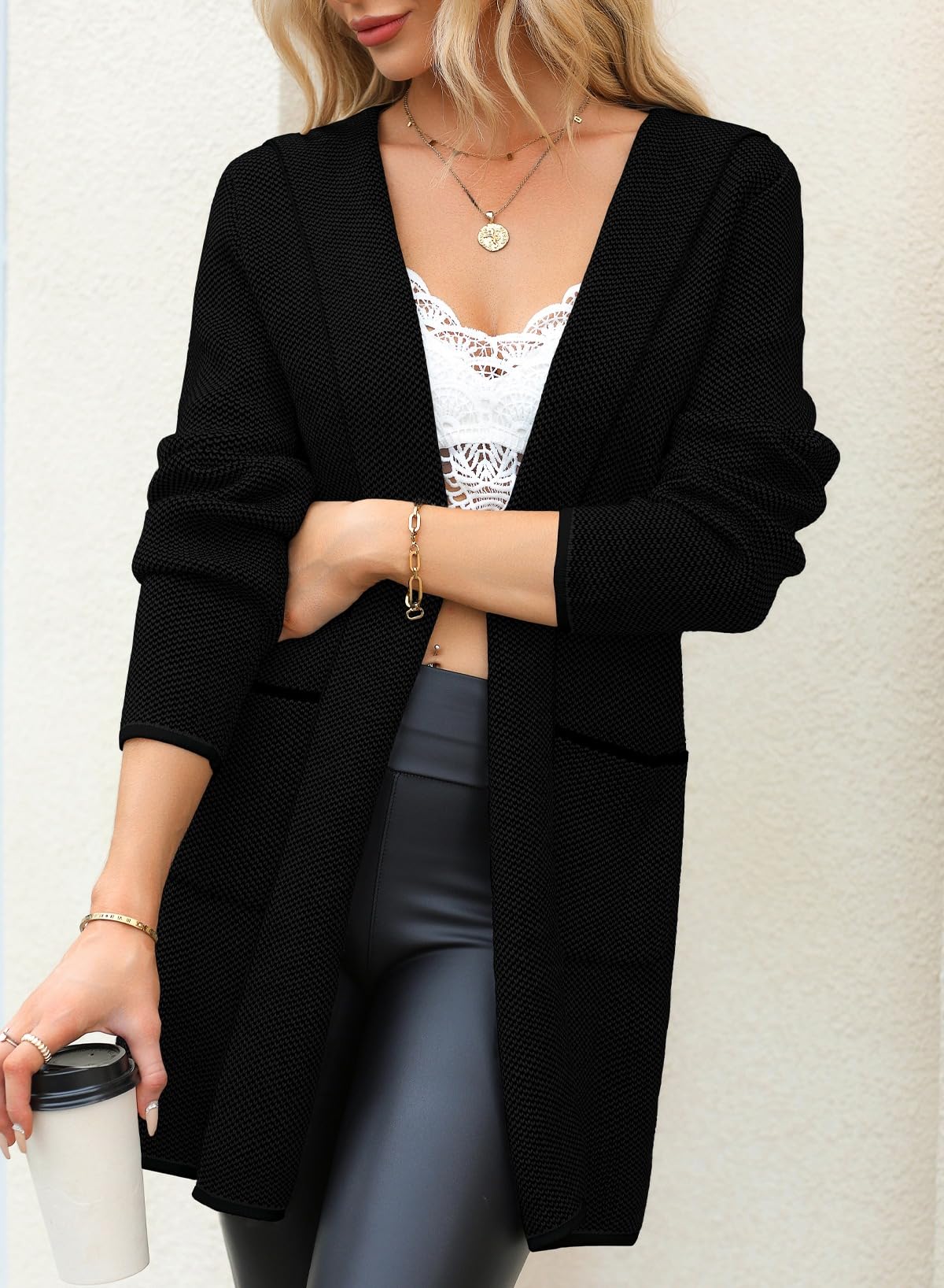 Sidefeel Women's 2024 Fall Long Sleeve Open Front Contrast Cardigan Sweaters Oversized Chunky Knit Hooded Sweaters Coat