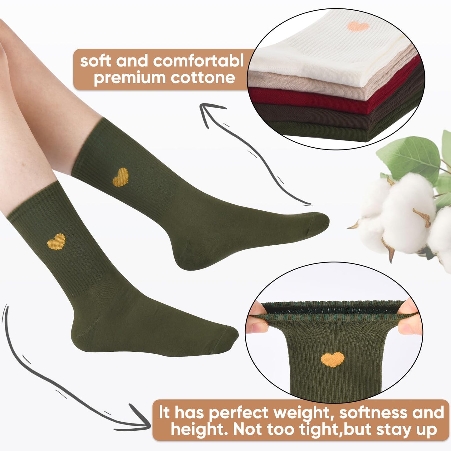 Corlap Women's Crew Calf Cotton Socks Long Fun Cute Heart Soft Dress Socks,Above Ankle High Casual Socks(5Pairs Gifts Box)