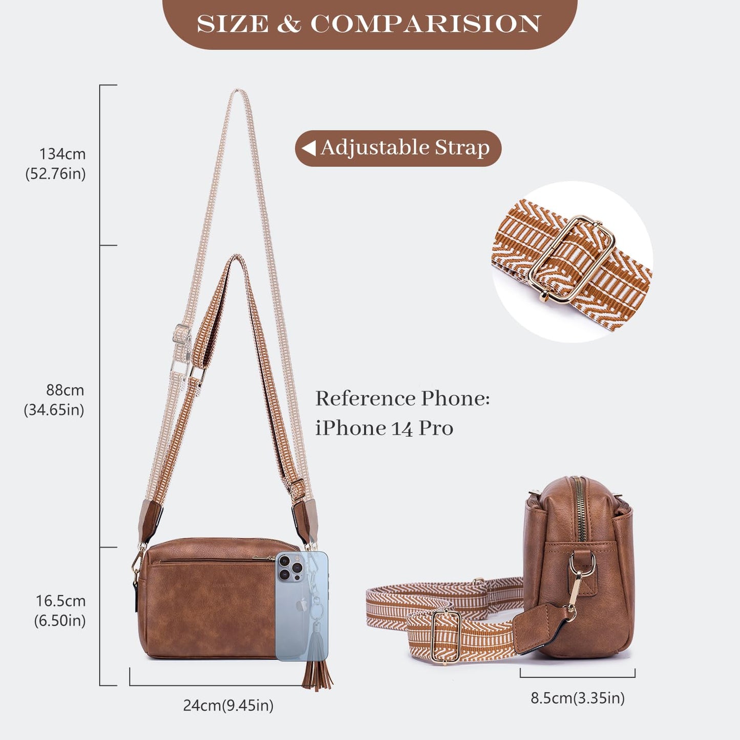 Triple Zip Small Crossbody Bag for women,Wide Strap Cell Phone Purse Shoulder Handbag Wallet with Credit Card Slots