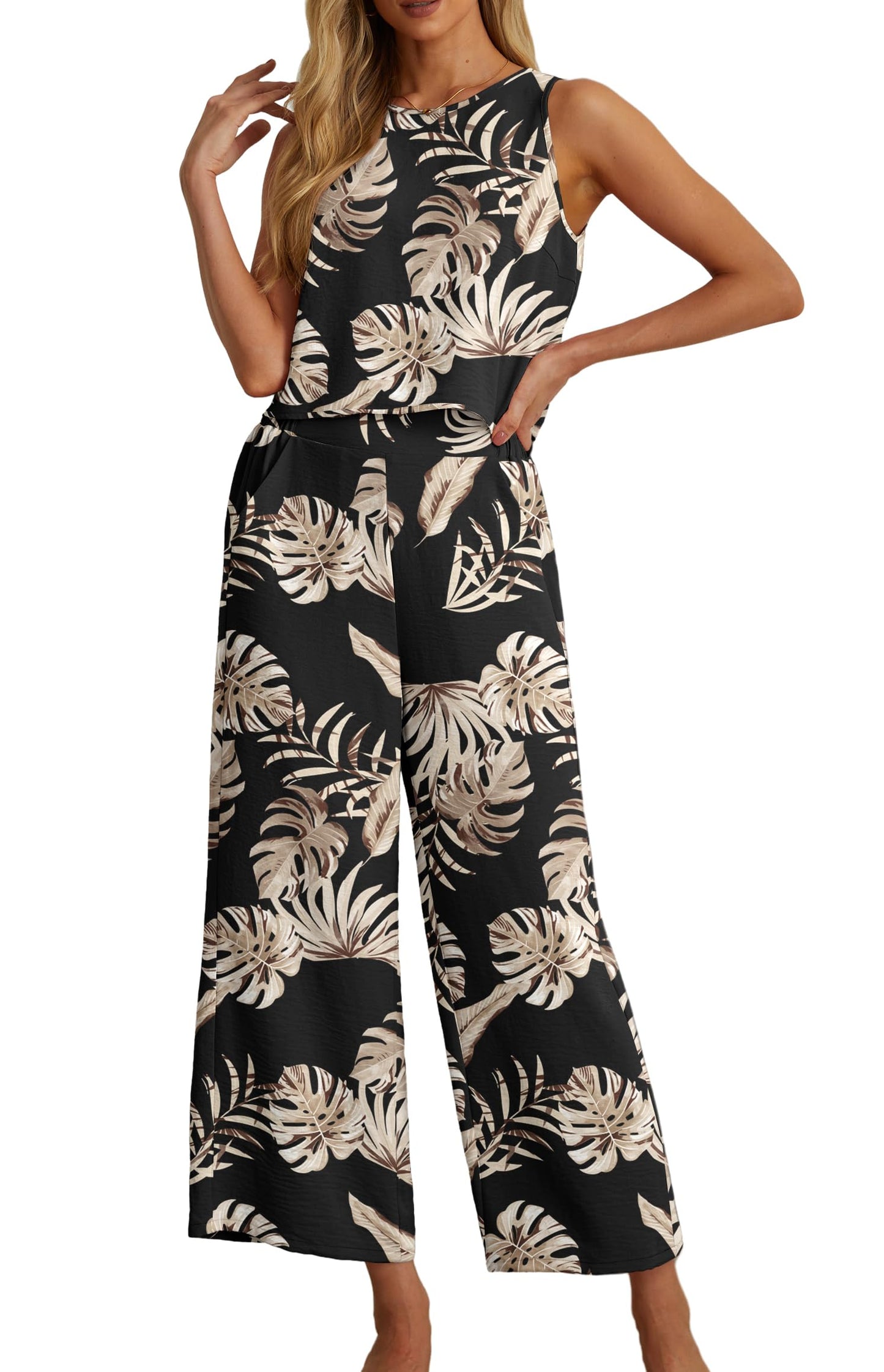 IWOLLENCE Women's Summer 2 Piece Outfits Set Round neck Sleeveless Tank Crop Top Wide Leg pants Set Pockets Jumpsuits