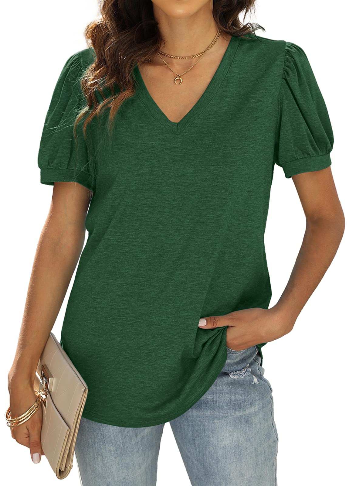 WIHOLL Womens Tops V Neck Summer Puff Sleeve Tshirts Fashion Casual