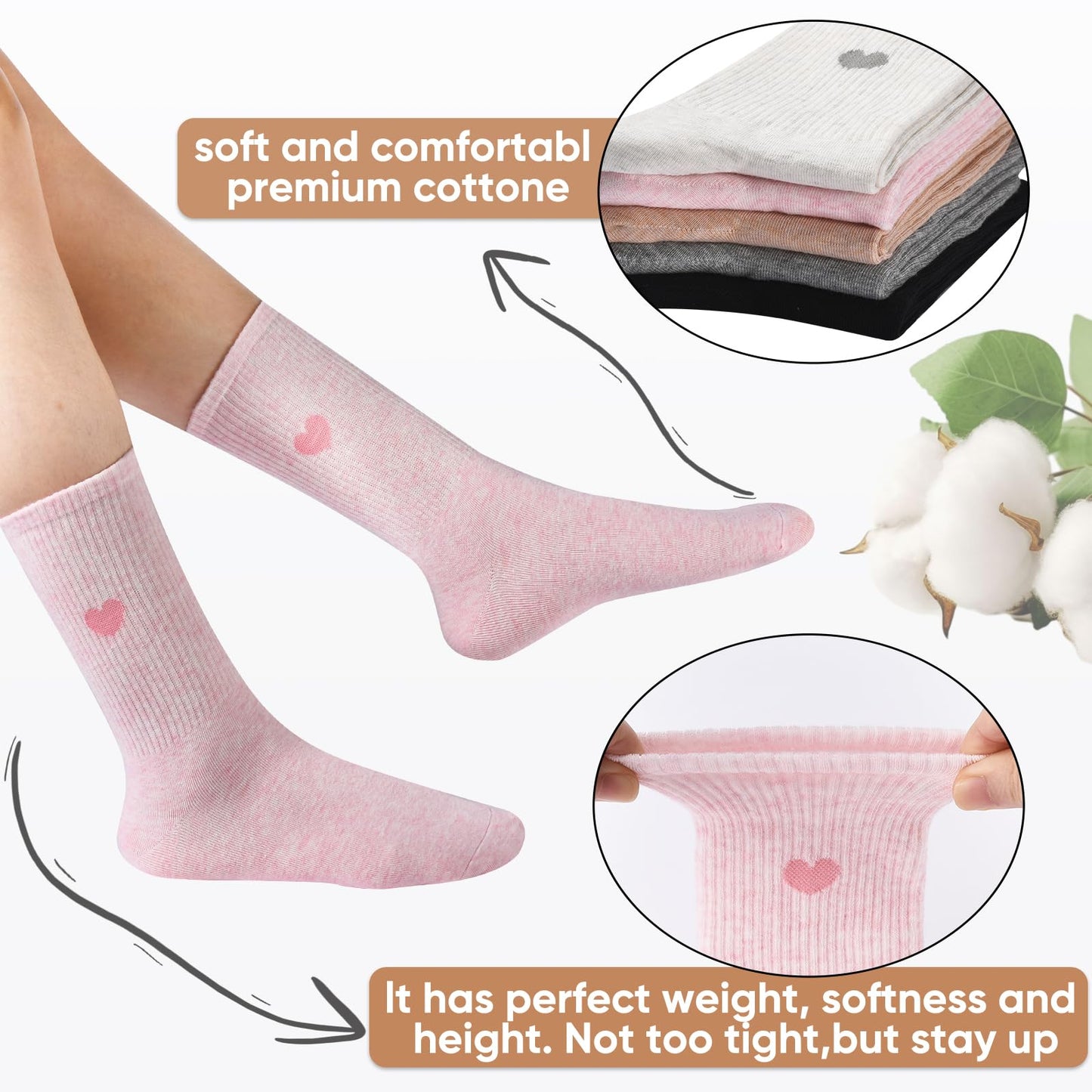 Corlap Women's Crew Calf Cotton Socks Long Fun Cute Heart Soft Dress Socks,Above Ankle High Casual Socks(5Pairs Gifts Box)