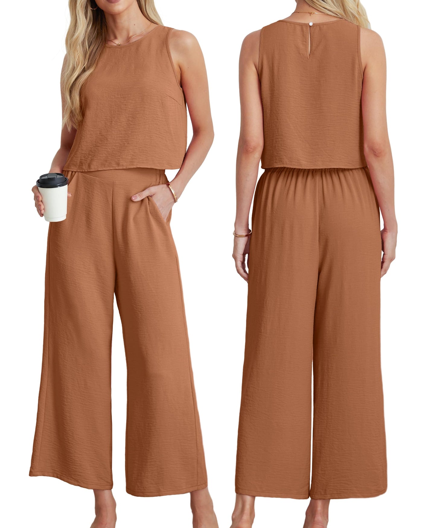 IWOLLENCE Women's Summer 2 Piece Outfits Set Round neck Sleeveless Tank Crop Top Wide Leg pants Set Pockets Jumpsuits