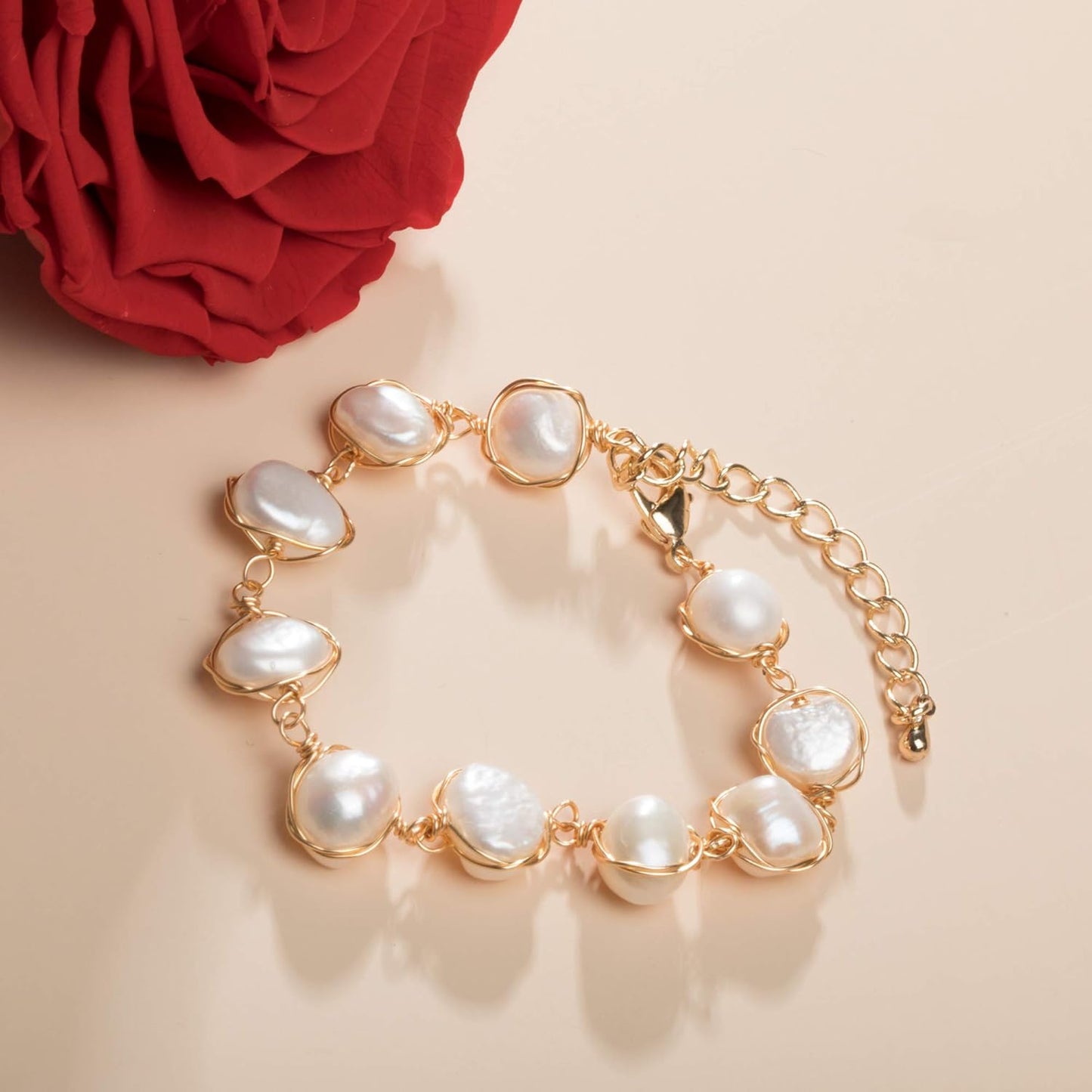 Cowlyn Pearl Bracelet Baroque Cultured Handmade Wind Bossimi 18K Gold Plated Work Around Silk Adjustable Charm Fashion Valentine Delicate Vintage Jewelry