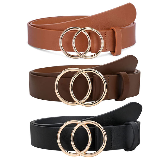 SANSTHS 2 Pack Women Leather Belts Faux Leather Jeans Belt with Double O-Ring Buckle Size up to 58 inch