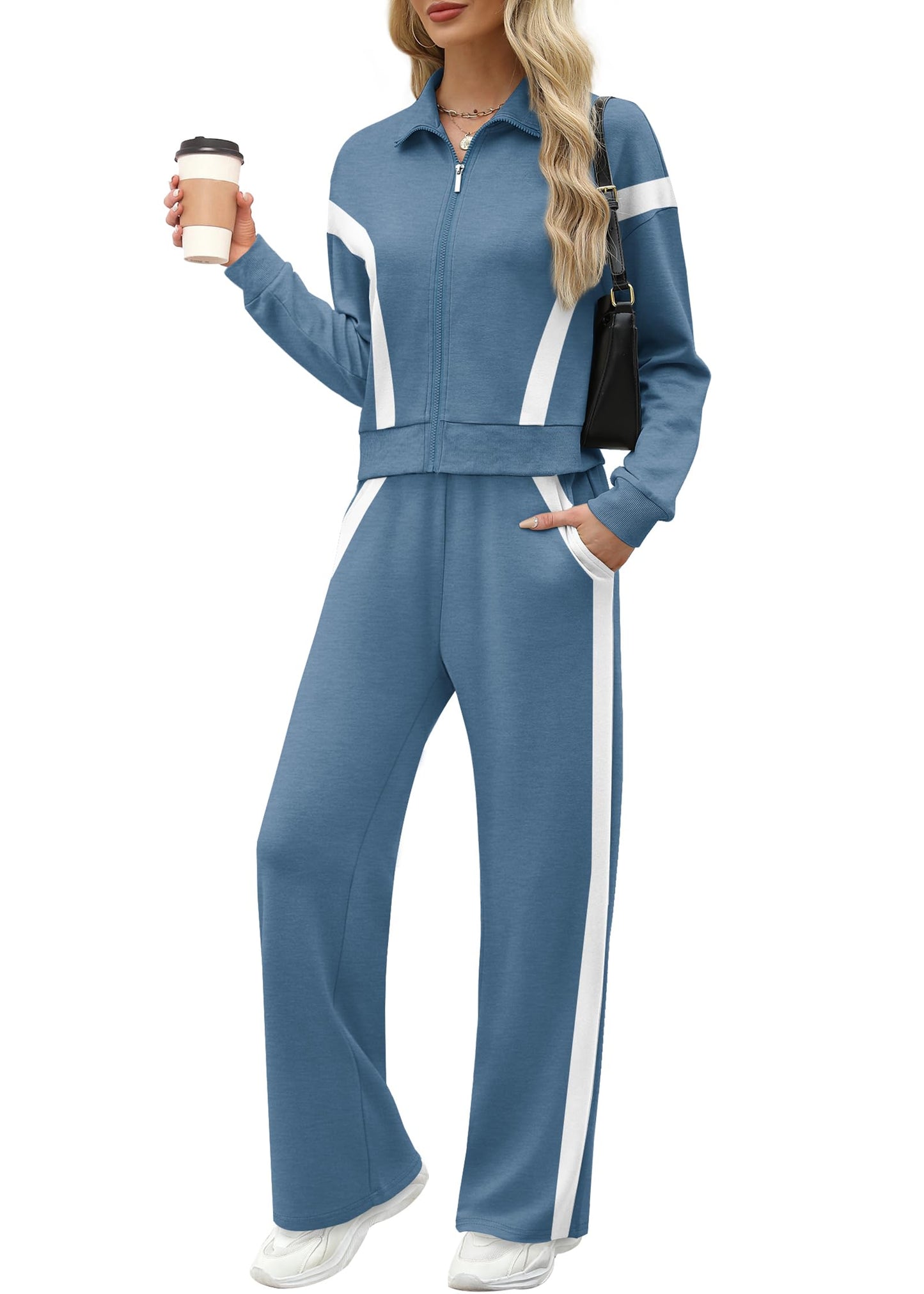 XIEERDUO Lounge Sets for Women 2024 Sweatsuit 2 Piece Outfits Sweatshirt Wide Leg Sweatpant Tracksuit Matching Set