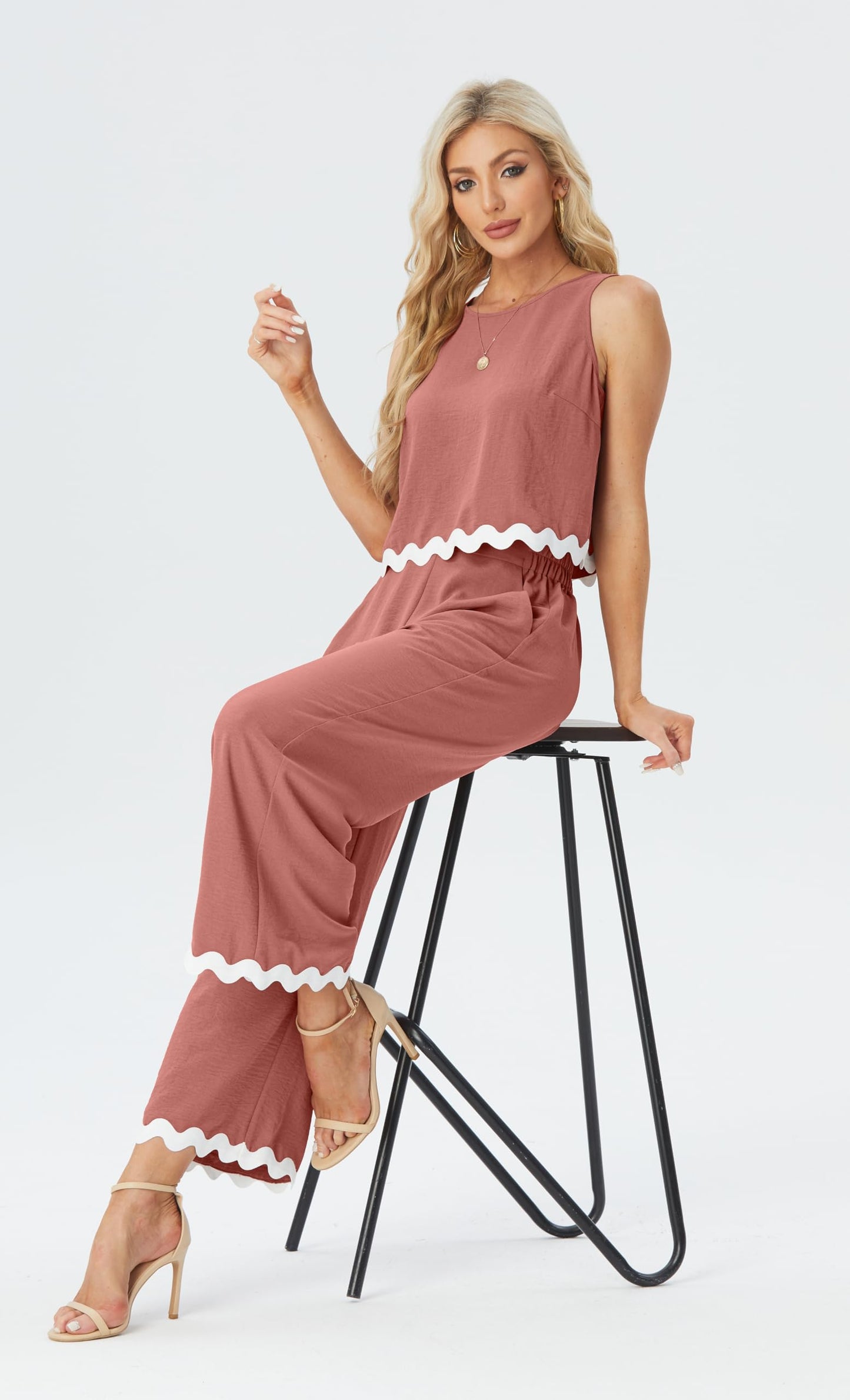 IWOLLENCE Women's Summer 2 Piece Outfits Set Round neck Sleeveless Tank Crop Top Wide Leg pants Set Pockets Jumpsuits