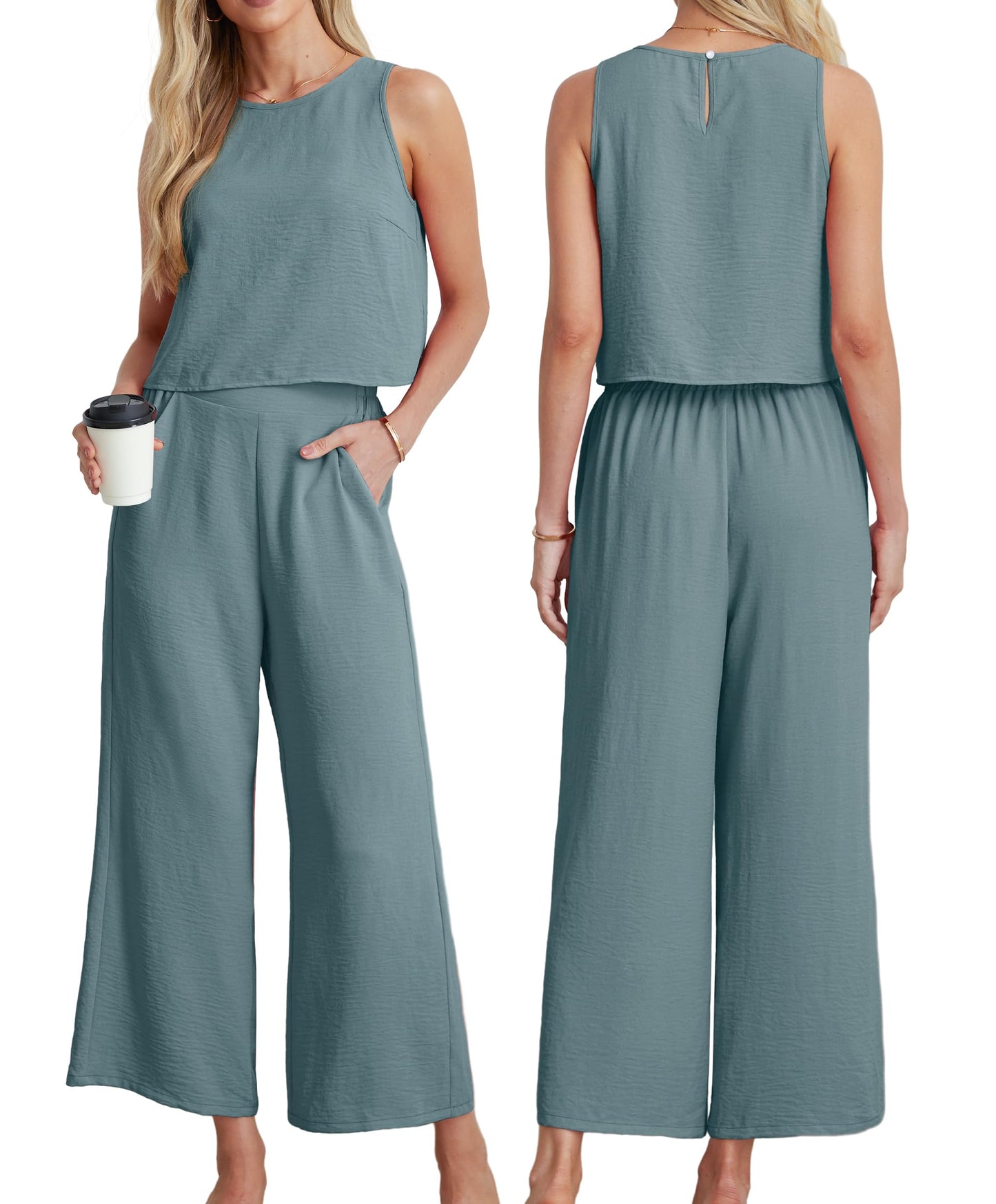 IWOLLENCE Women's Summer 2 Piece Outfits Set Round neck Sleeveless Tank Crop Top Wide Leg pants Set Pockets Jumpsuits