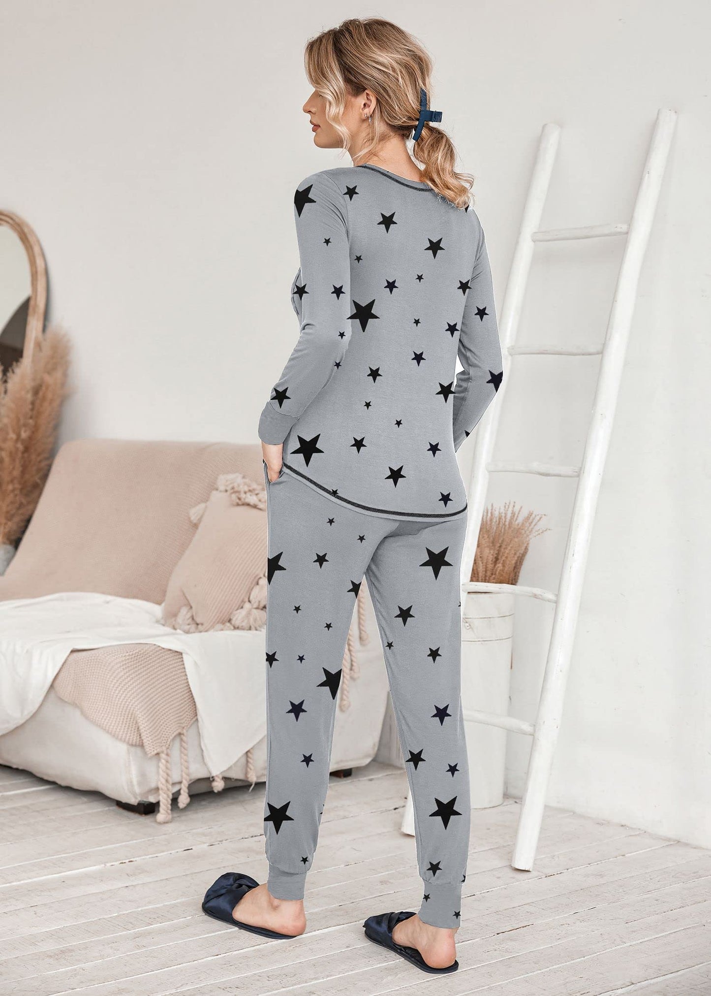 Ekouaer Pajamas Women's Long Sleeve Pj Set Soft 2 Piece Loungewear Sleepwear with Jogger Pants XS-3XL