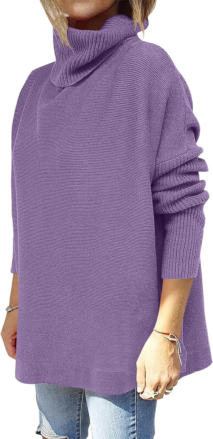 Caracilia Women's Turtleneck Oversized Sweaters 2024 Fall Long Batwing Sleeve Spilt Hem Tunic Pullover Sweater Knit Tops