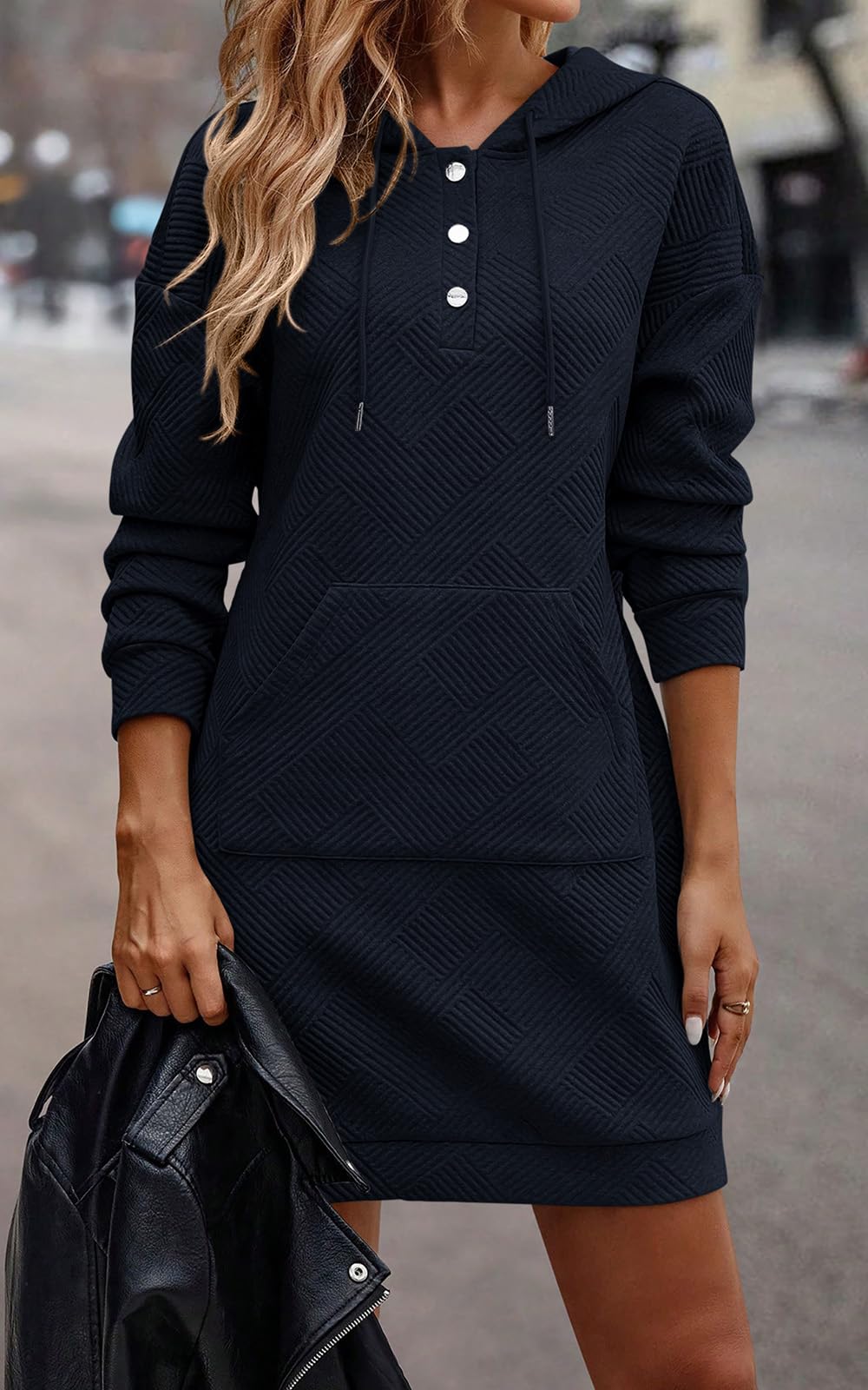 PRETTYGARDEN Long Sleeve Hoodies Dress 2024 Fall Trendy Texture Sweatshirts Outfits Button Hooded Dresses With Pockets