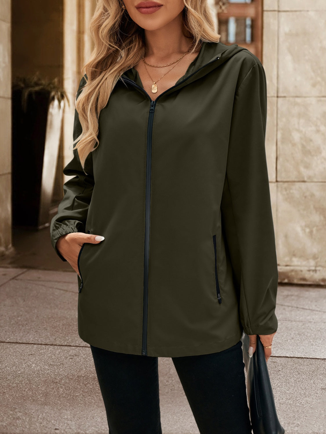 Pocketed Zip Up Hooded Jacket