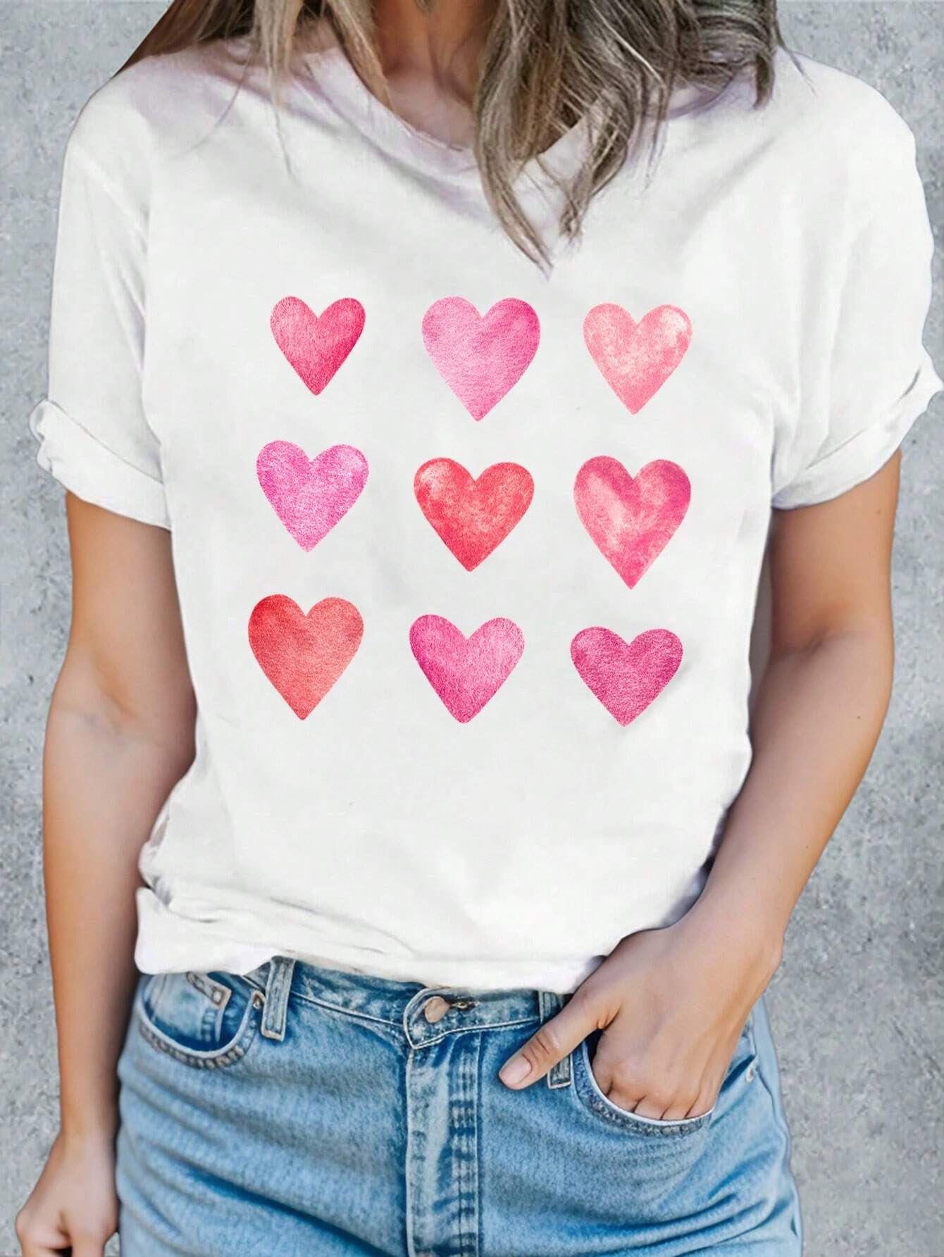 Heart Round Neck Short Sleeve T-Shirt