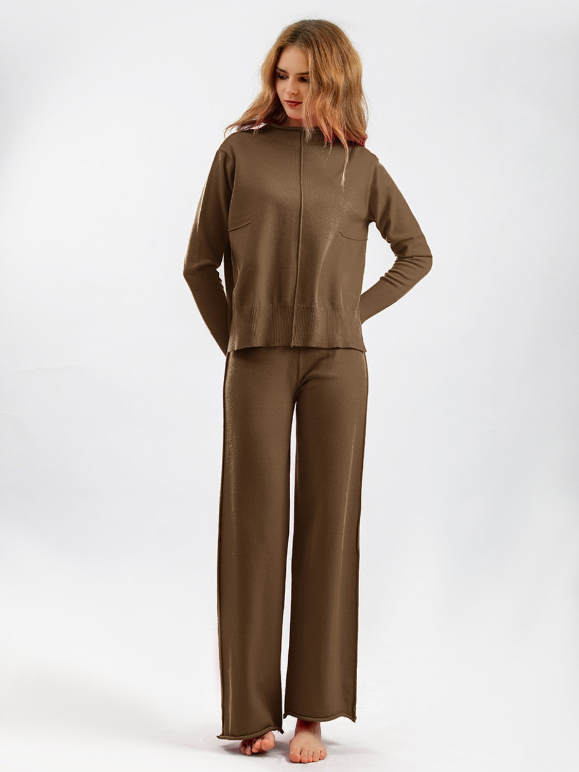 Basic Bae Mock Neck Long Sleeve Top and Pants Sweater Set